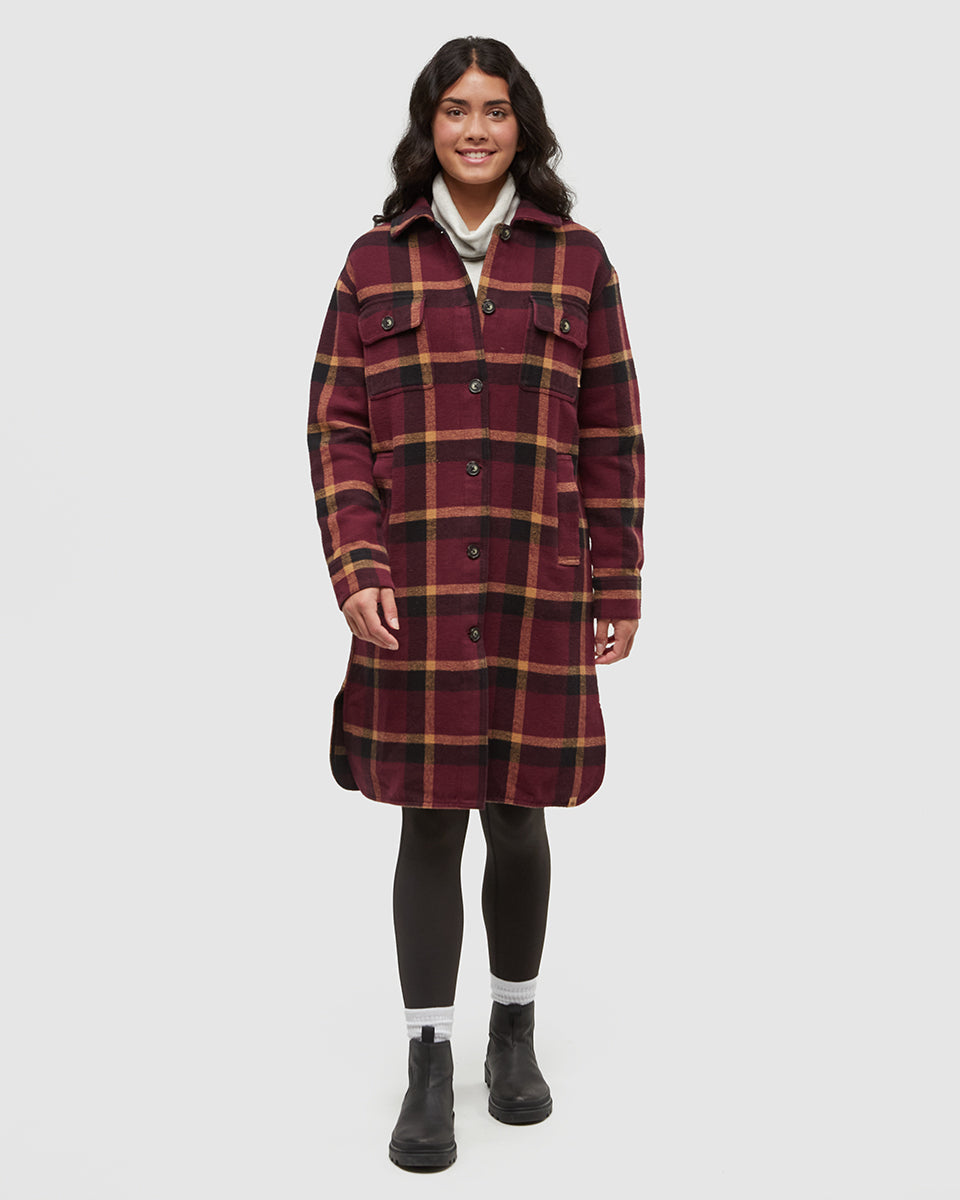 Tentree Women's Livingston Jacket - Deep Burgundy Modern Plaid Camel