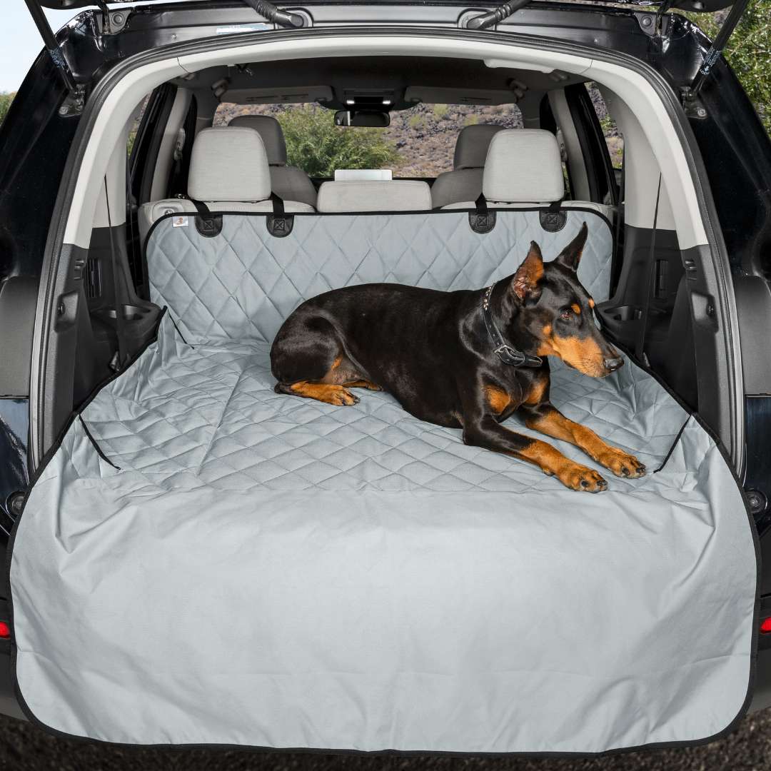 Grey 4Knines SUV cargo liner with a dog