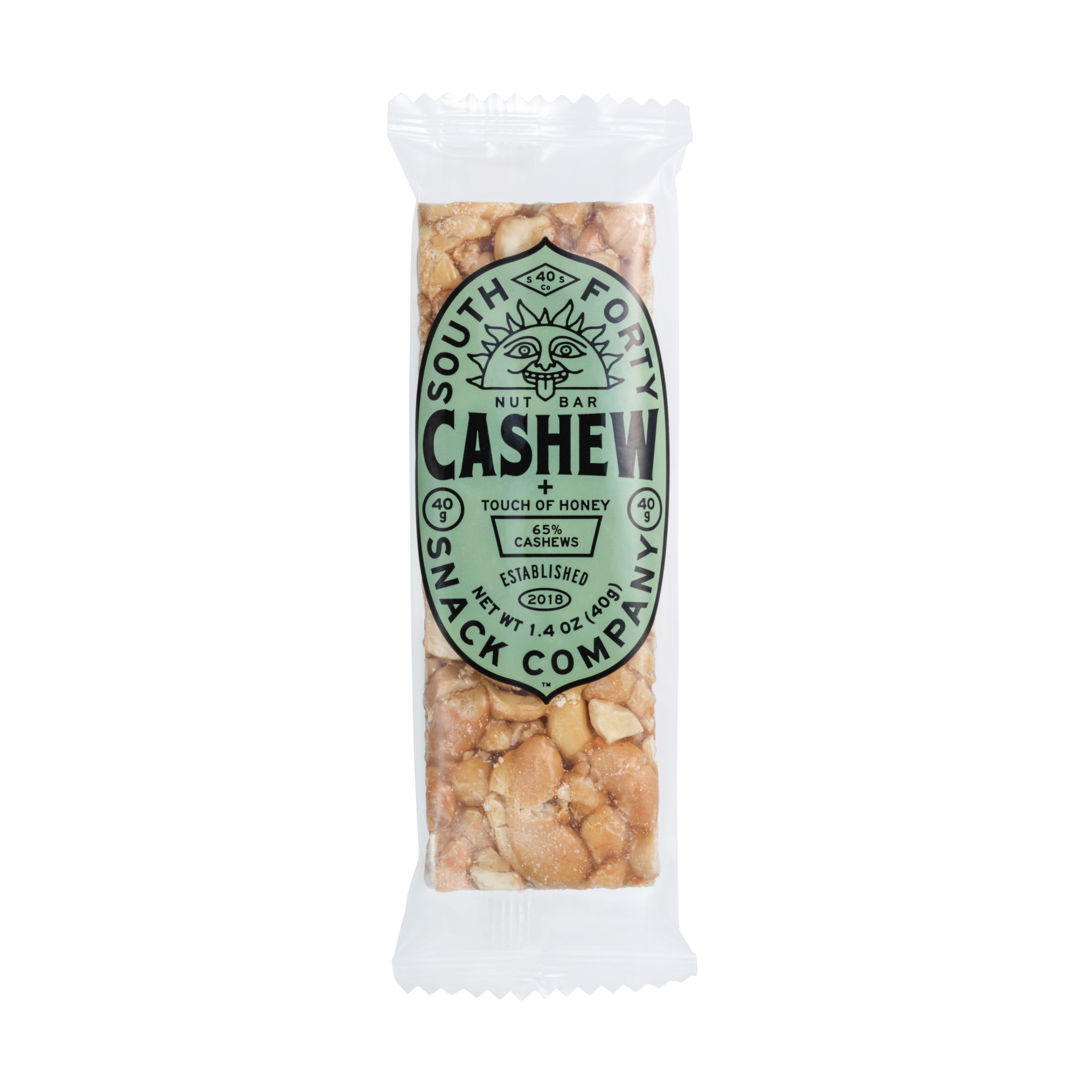 South Forty Cashew Nut Bar single wrapped 1.4 oz (40 g) bar, front of package