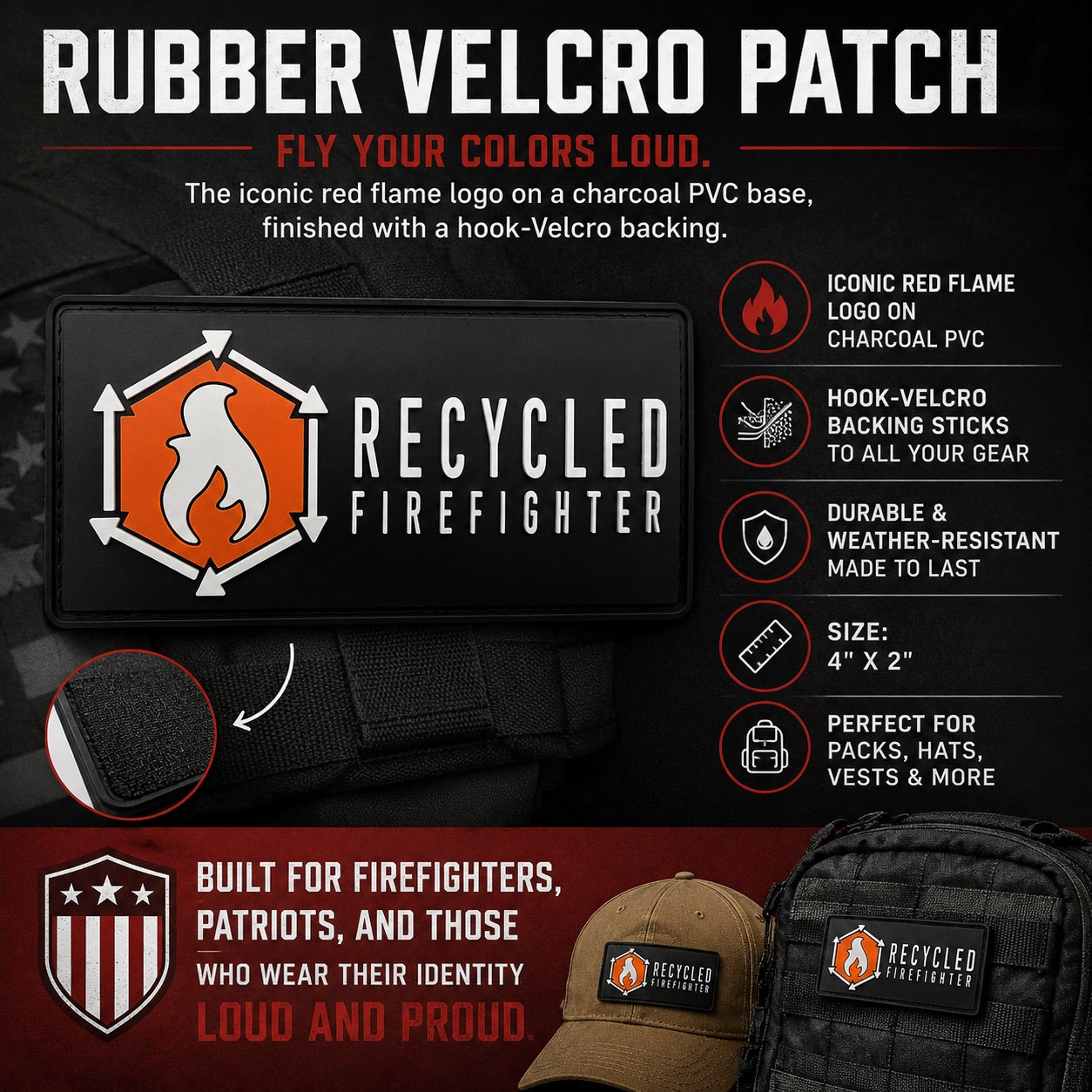 Recycled Firefighter Rubber Velcro Patch — product view 3