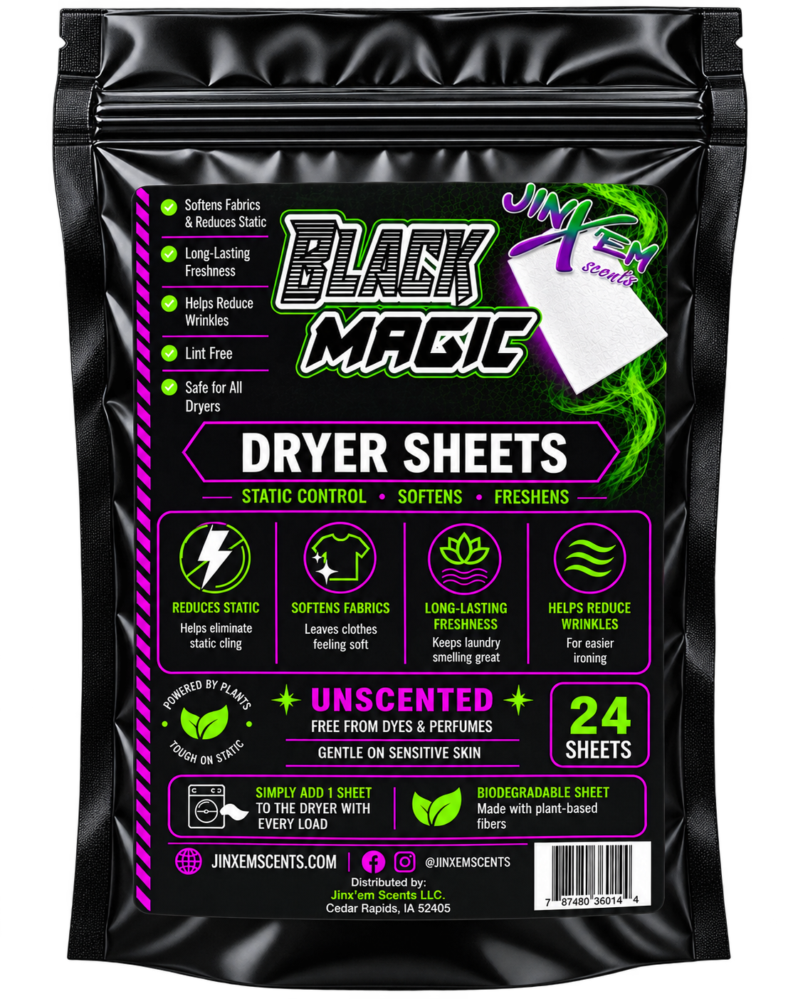 Jinx’em Black Magic Unscented Dryer Sheets – 24 Count – view 1