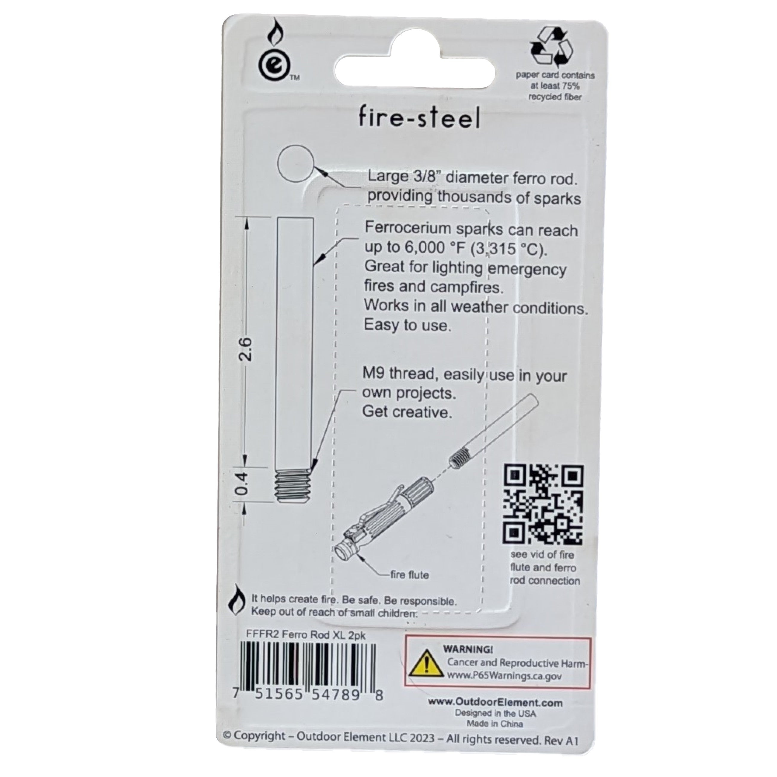 Outdoor Element XL Fire-Steel Replacement 2pk Ferro Rod for Fire Flute