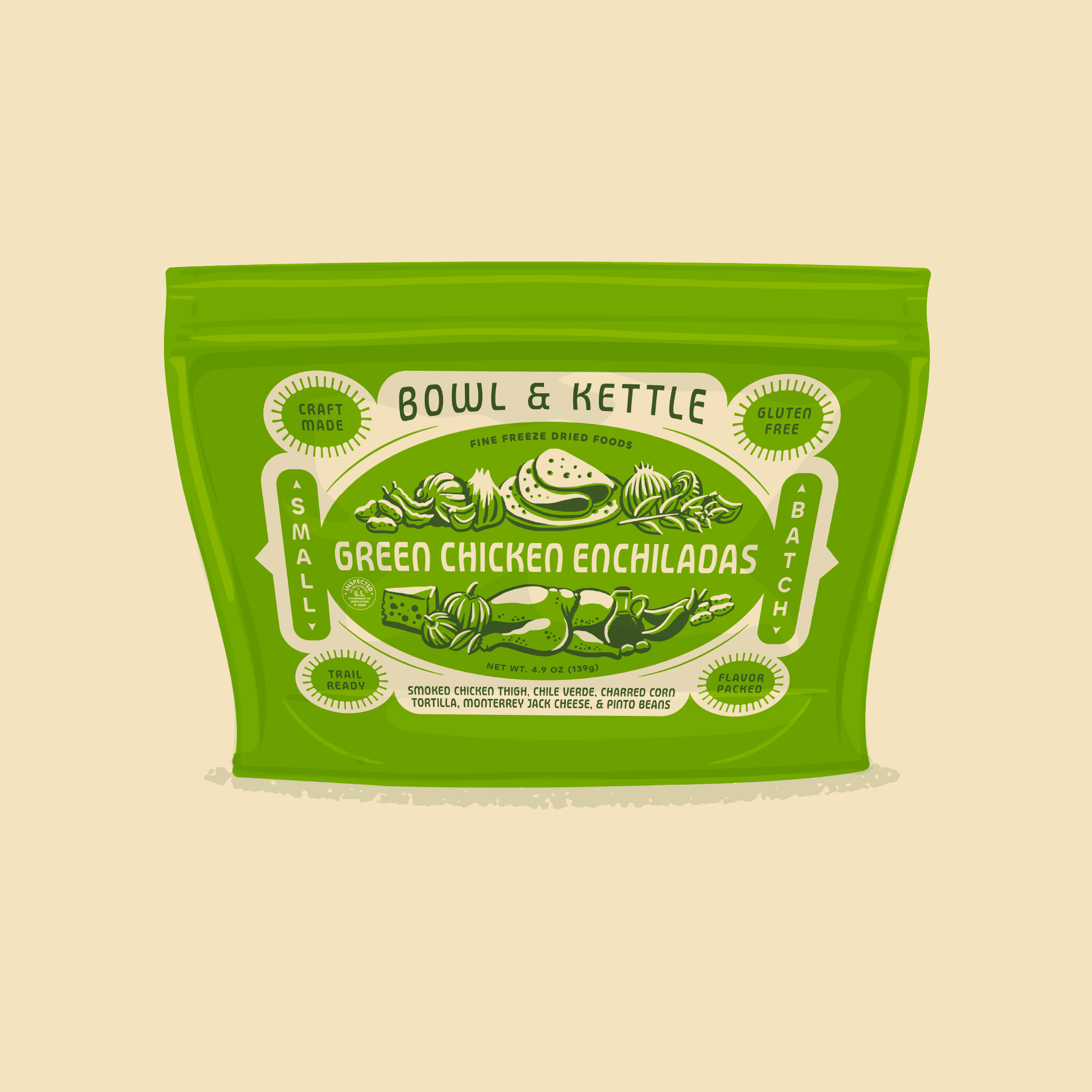 Bowl and Kettle Green Chicken Enchiladas meal in green pouch