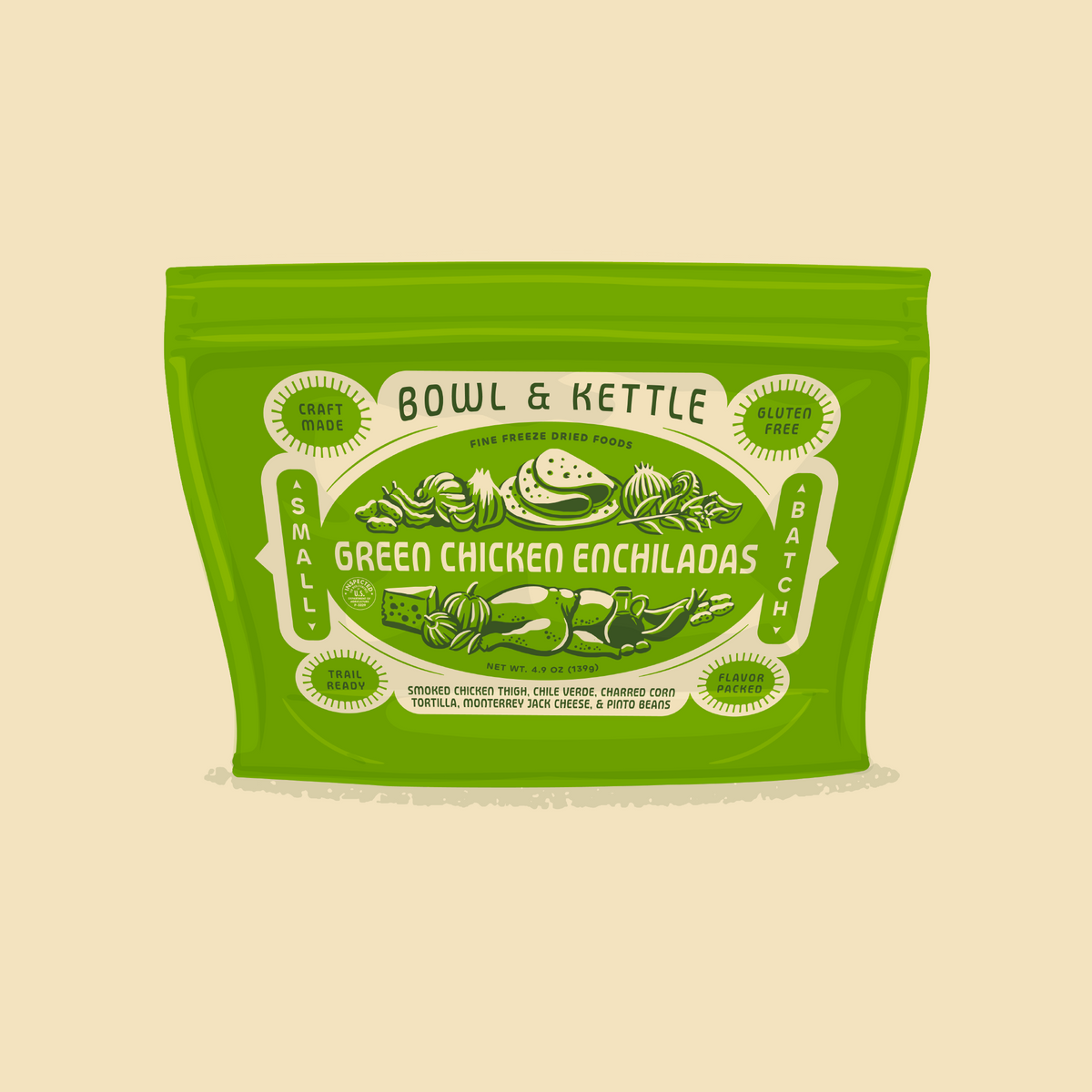 Bowl and Kettle Green Chicken Enchiladas meal in green pouch