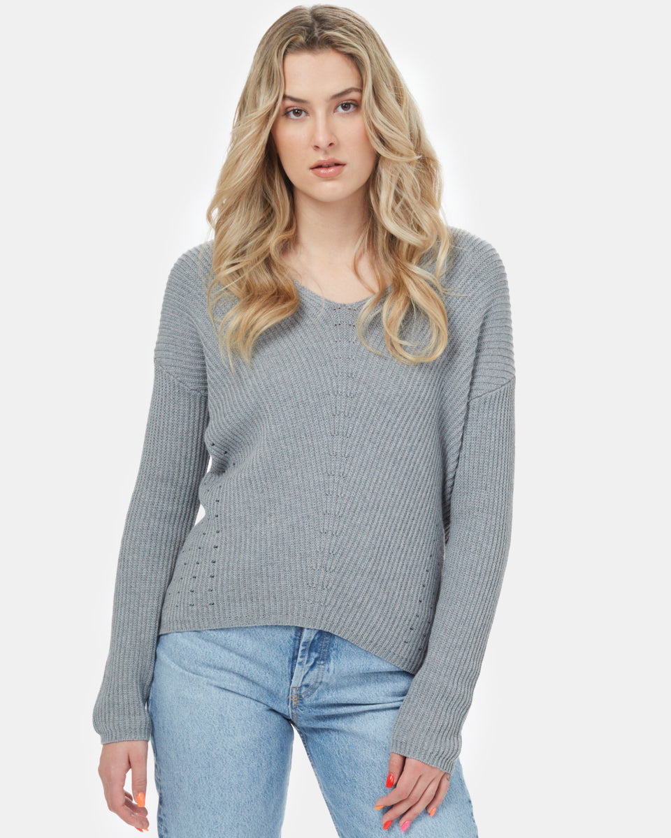 Tentree Highline Cotton Light V-Neck Sweater - Heather Grey