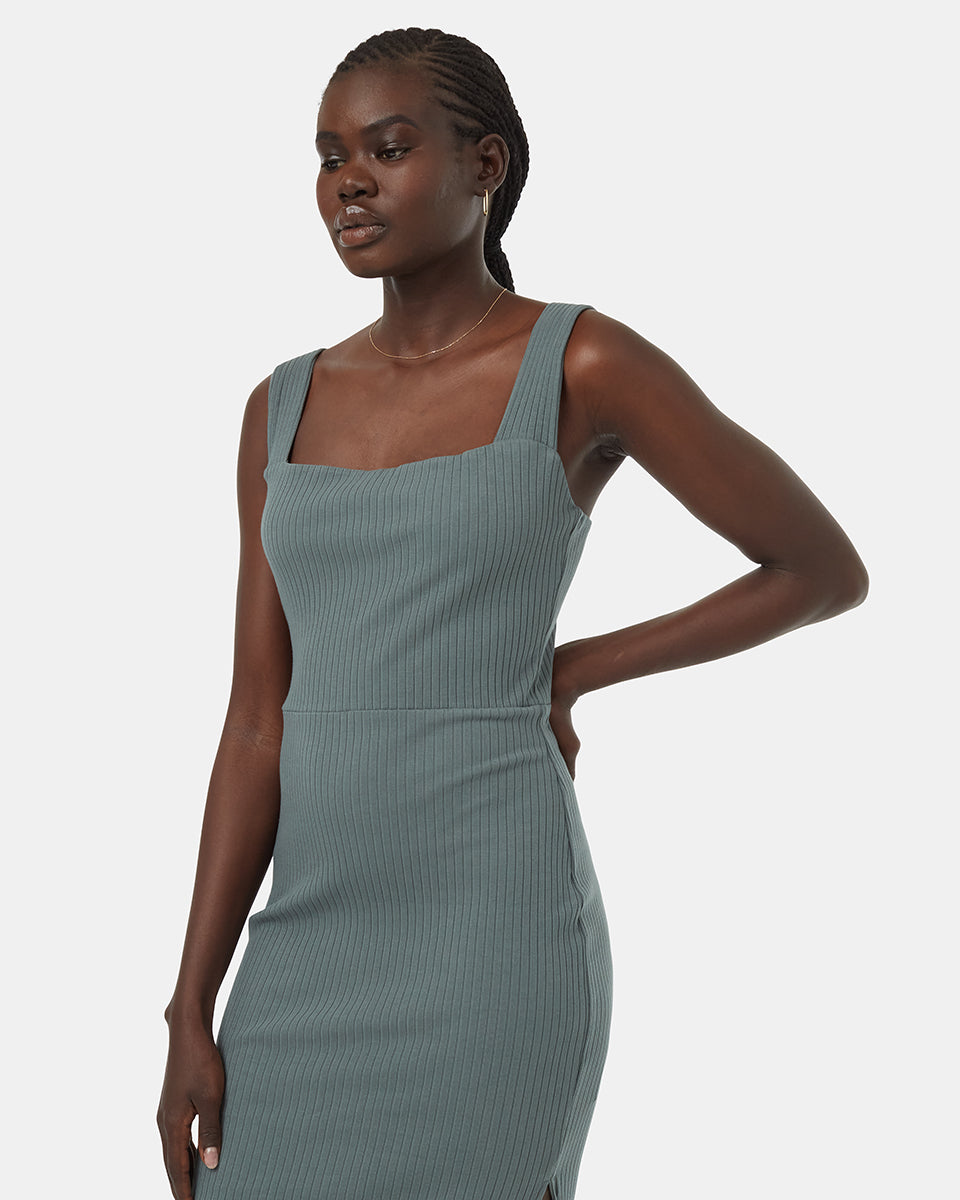 Tentree Women's Rib Square Neck Dress - Light Urban Green
