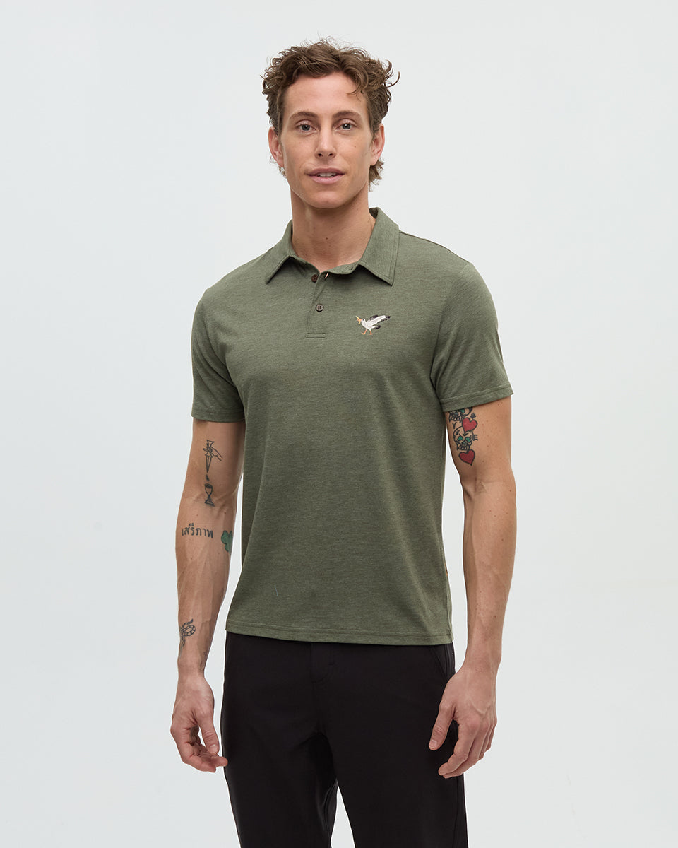 Tentree Men's Lake Life Astir Polo - Deep Olive Heather Snacking Gull