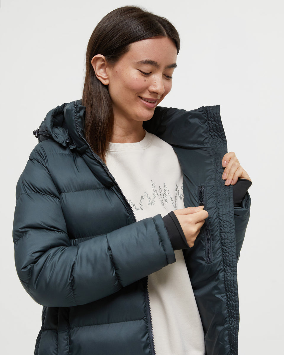 Tentree Women's Lookout Long Puffer - Forest River Green