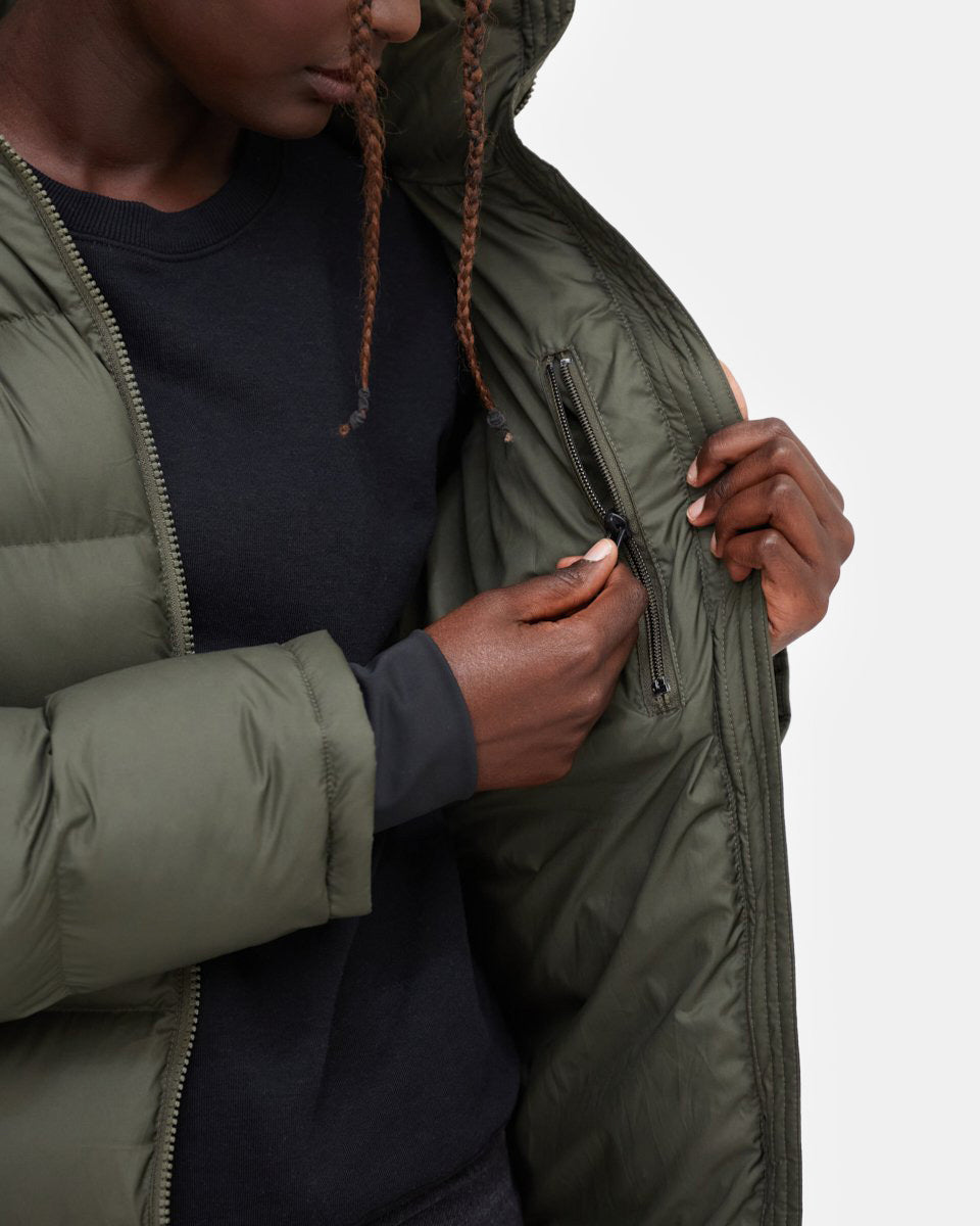 Tentree Lookout Long Puffer - Black Olive Green