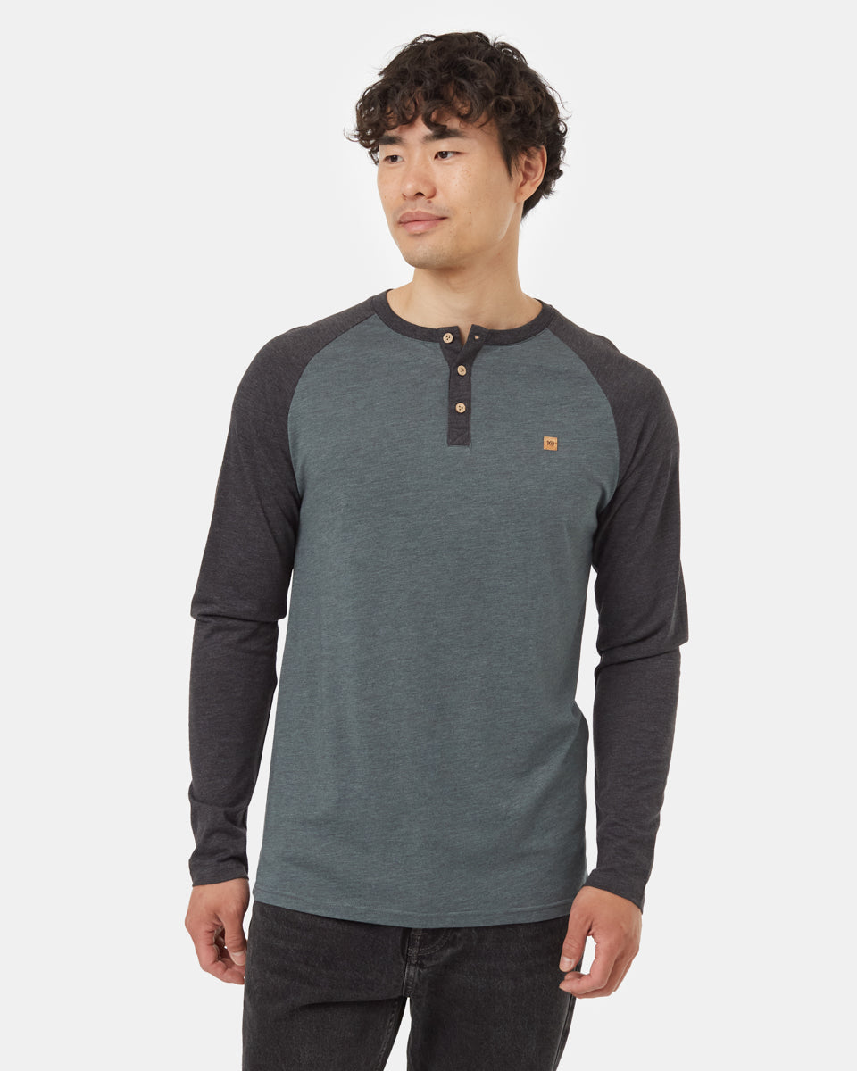 Tentree Men's TreeBlend Baker Henley Longsleeve - Urban Green Heather Meteorite Black Heather