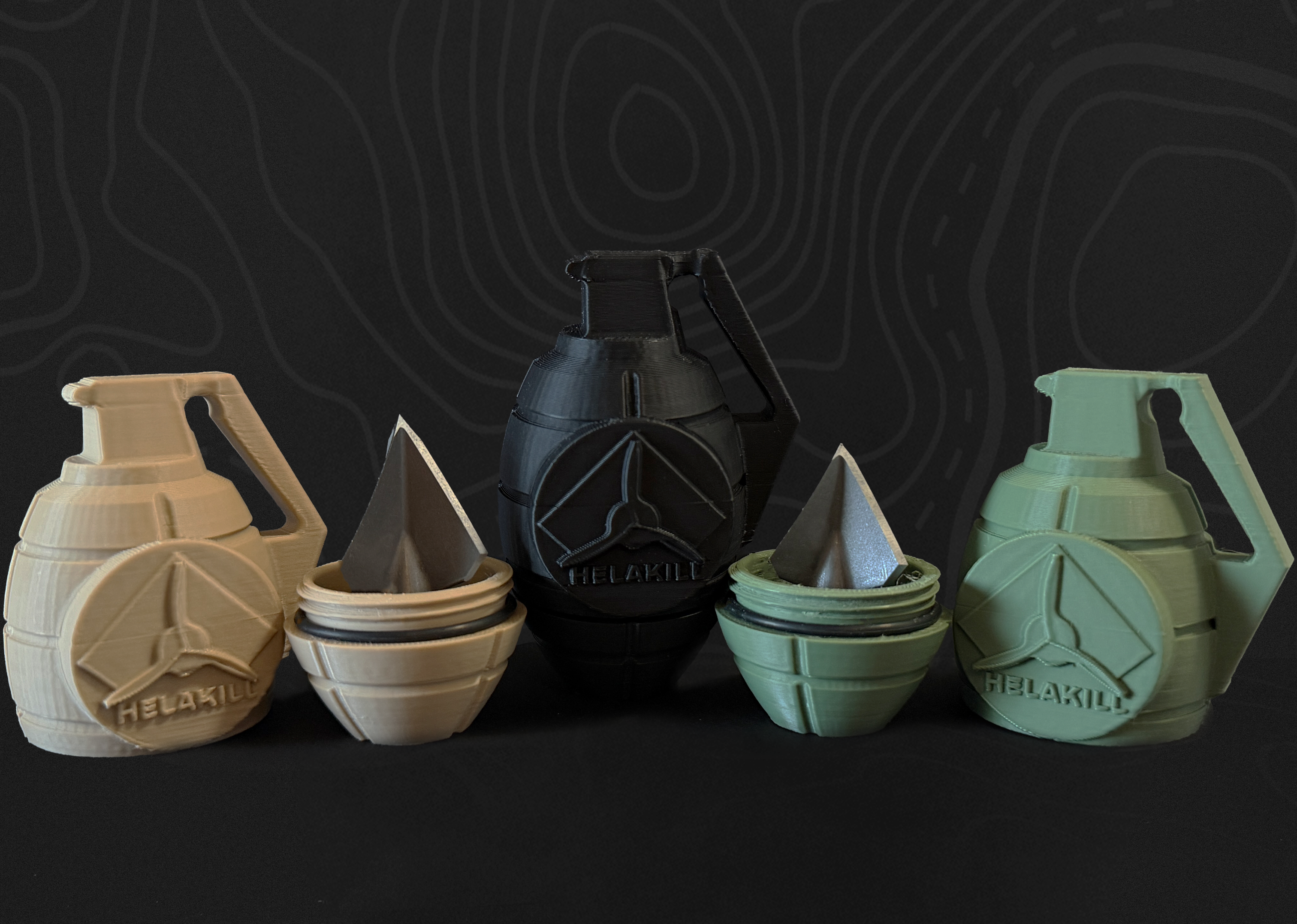 Helakill Grenade broadhead cases in tan, black and loden green, with open cases showing broadheads for illustration