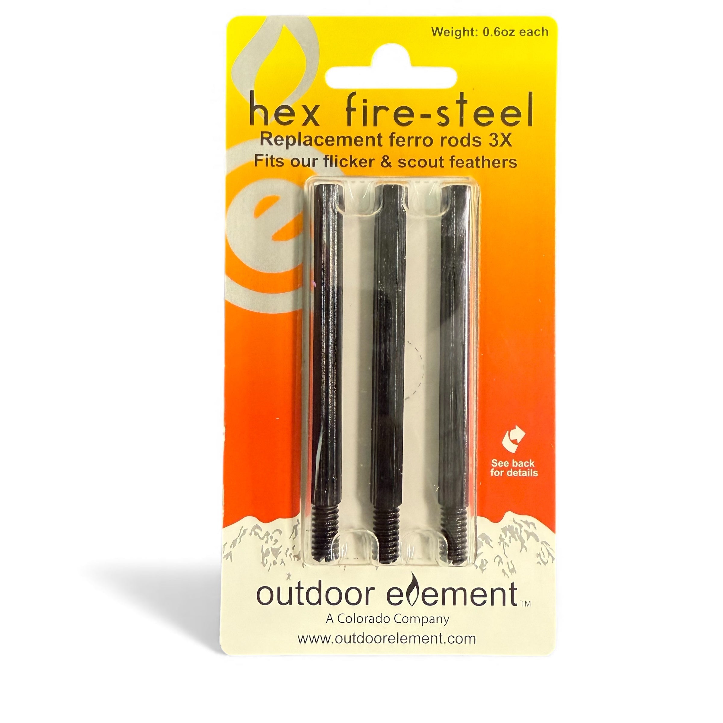 Outdoor Element Hex Fire-Steel Replacement 3pk Ferro Rods for Scout, Flicker & Slicer Feather Knives