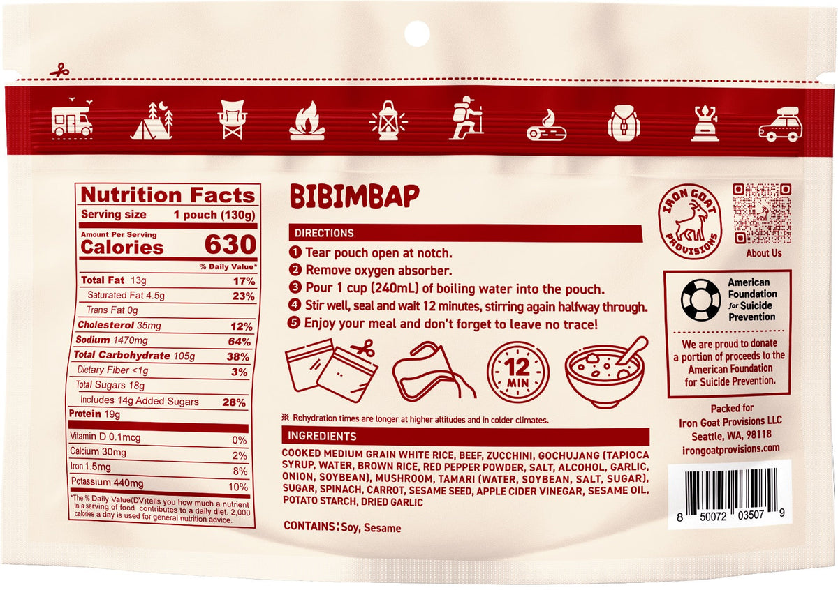 Iron Goat Provisions Bibimbap with Beef ingredients, nutrition and preparation label