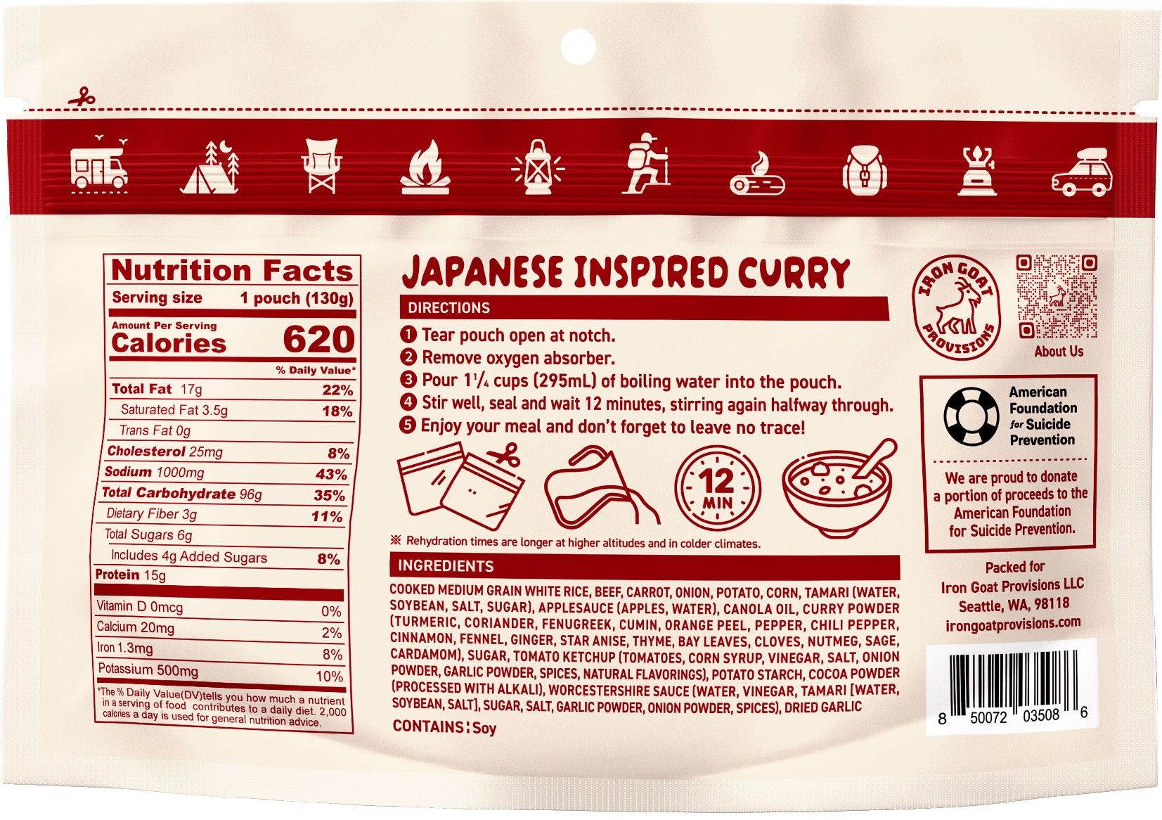 Iron Goat Provisions Japanese Inspired Curry with Beef ingredients, nutrition and preparation label
