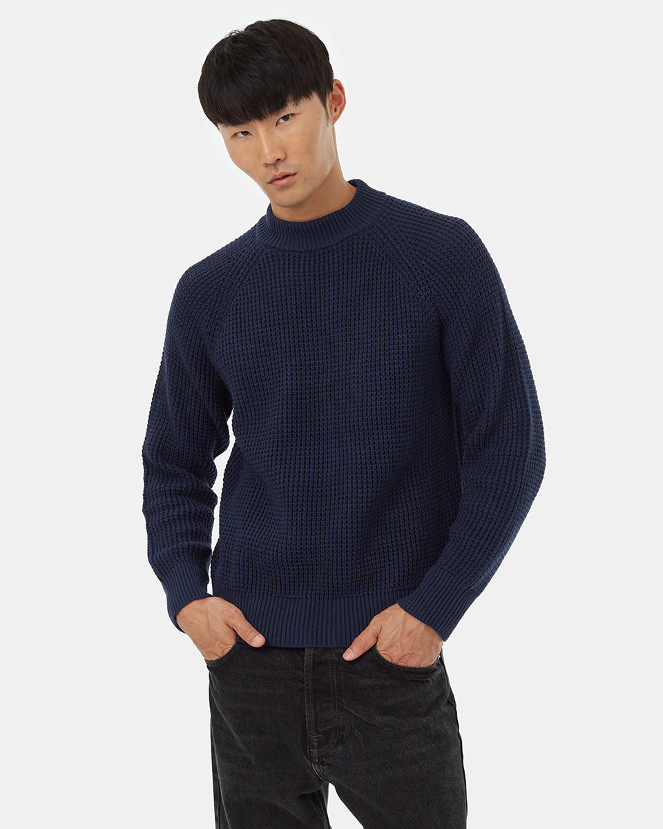Tentree Men's Highline Mock Neck Waffle Crew - Dress Blue