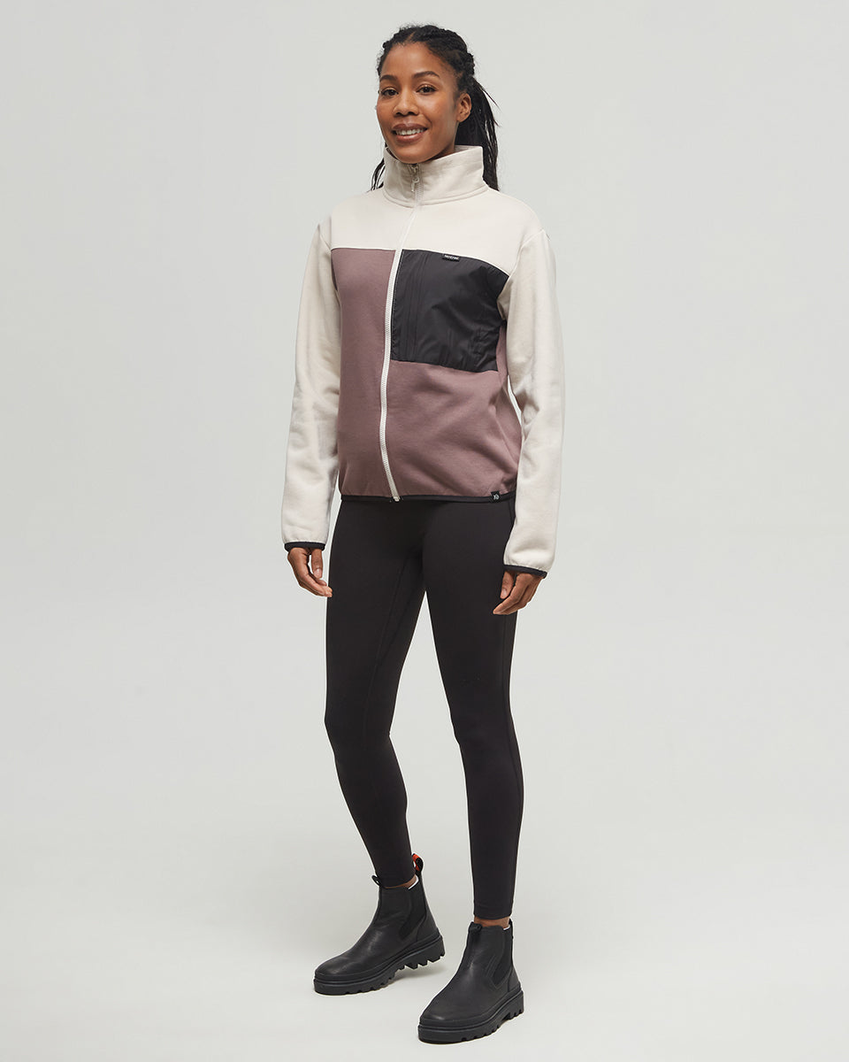 Tentree Women's SeaFleece Contrast Full Zip - Elkwood Pale Oak Meteorite Black