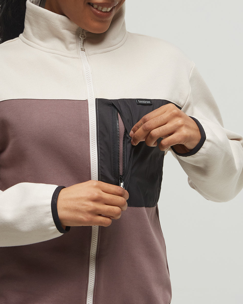 Tentree Women's SeaFleece Contrast Full Zip - Elkwood Pale Oak Meteorite Black