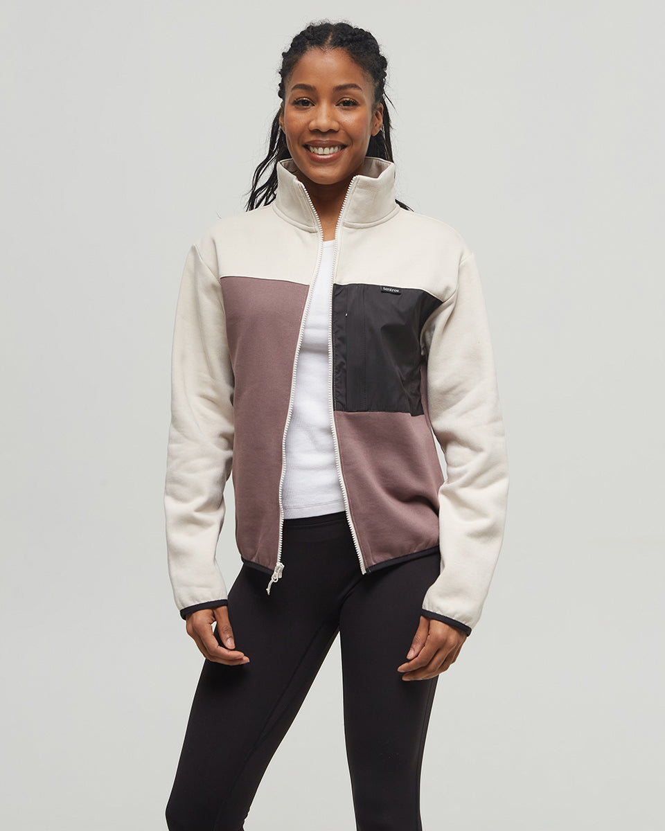 Tentree Women's SeaFleece Contrast Full Zip - Elkwood Pale Oak Meteorite Black