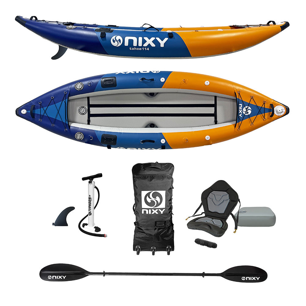 NIXY Tahoe 114 single person inflatable kayak complete package in a flat-lay: kayak, oar, pump, backpack, seat, booster cushion, foot rest, and accessories