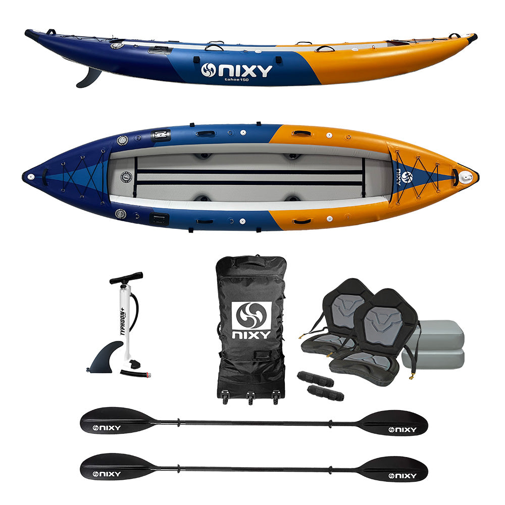 NIXY Tahoe 150 tandem inflatable kayak complete package in a flat-lay: kayak, two oars, pump, backpack, seats, and foot rests
