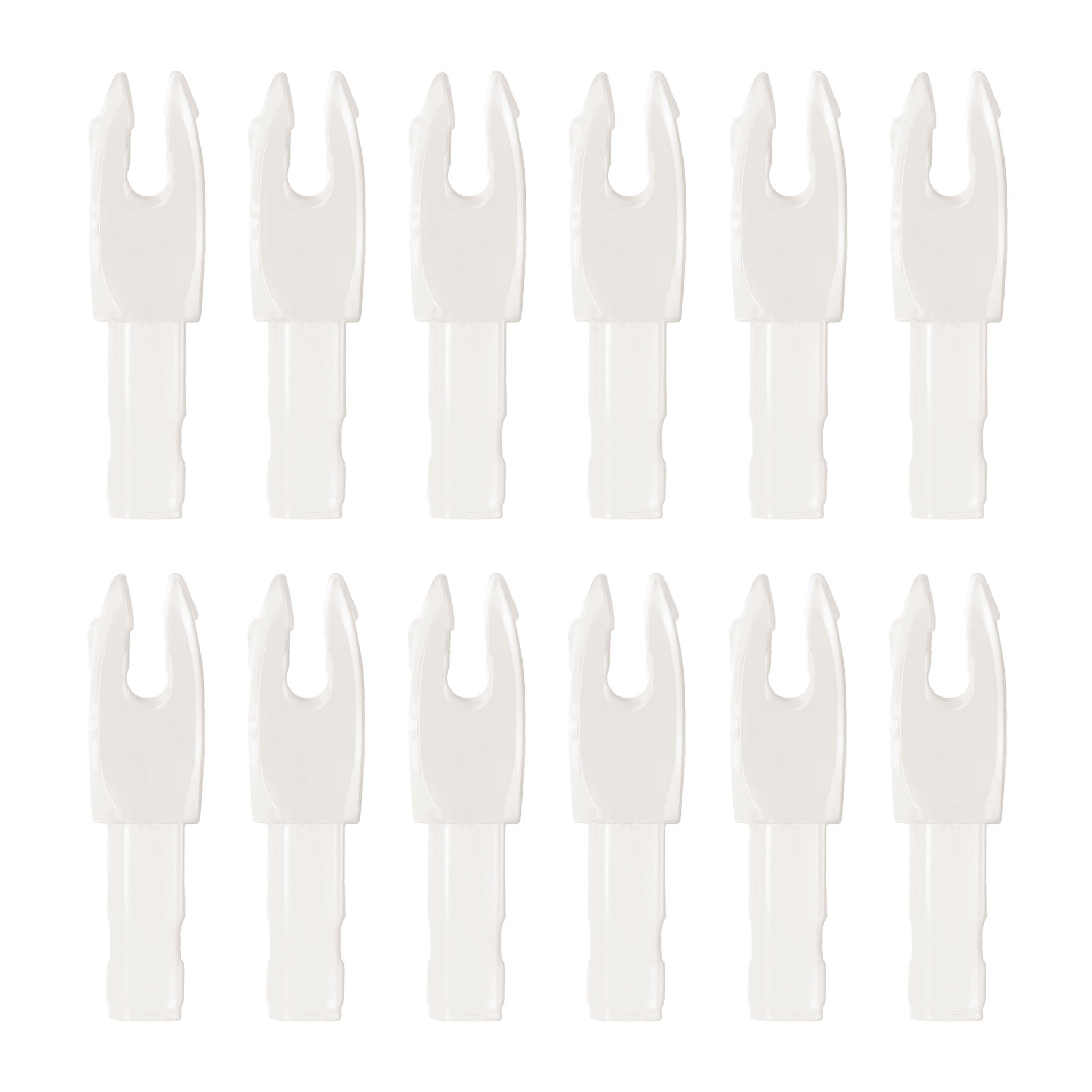 Twelve white arrow nocks arranged in two rows of six.