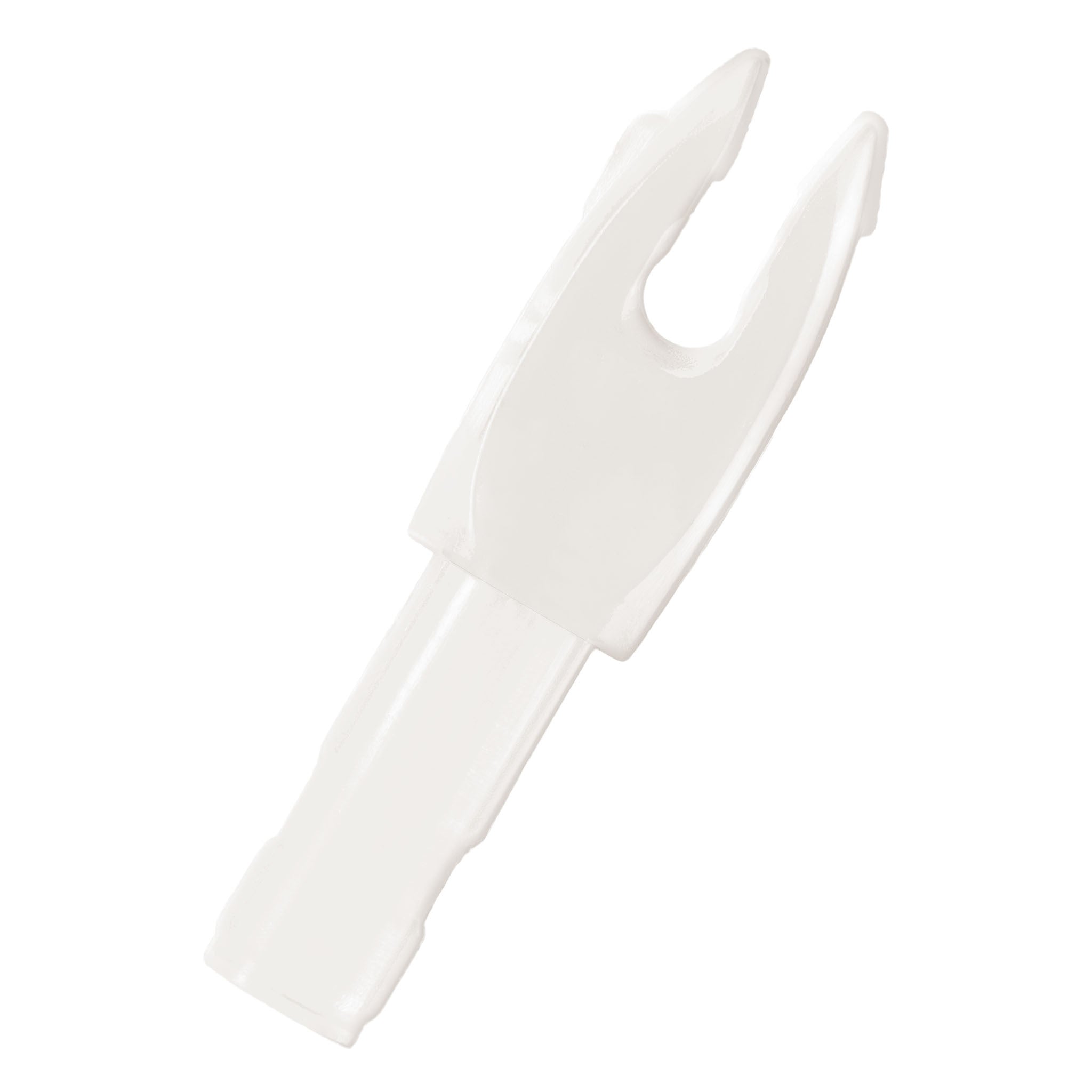 Close-up of a white Safari Tuff Old Skool arrow nock showing the string groove and insertion stem.
