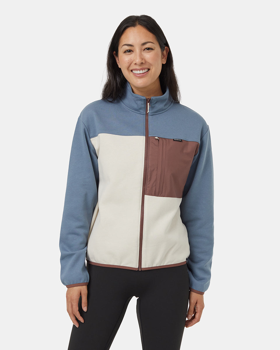 Tentree Women's SeaFleece Contrast Full Zip - Pale Oak Blue Mirage Mesa Red