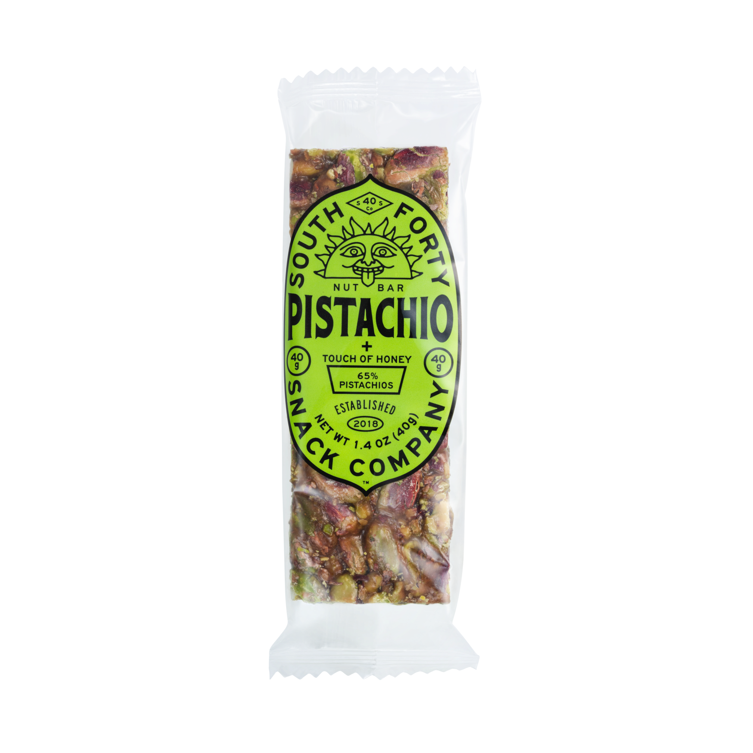 South Forty Pistachio Nut Bar single wrapped 1.4 oz (40 g) bar, front of package