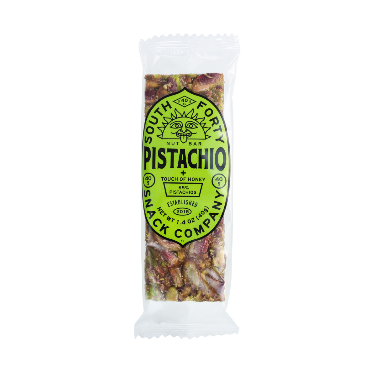 South Forty Pistachio Nut Bar single wrapped 1.4 oz (40 g) bar, front of package