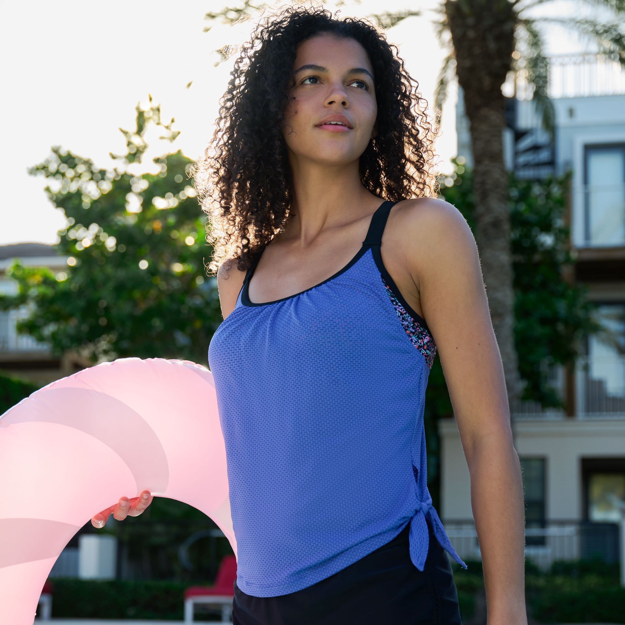 Free Country Women's Textured Mesh Side Tie Blouson Tankini Top