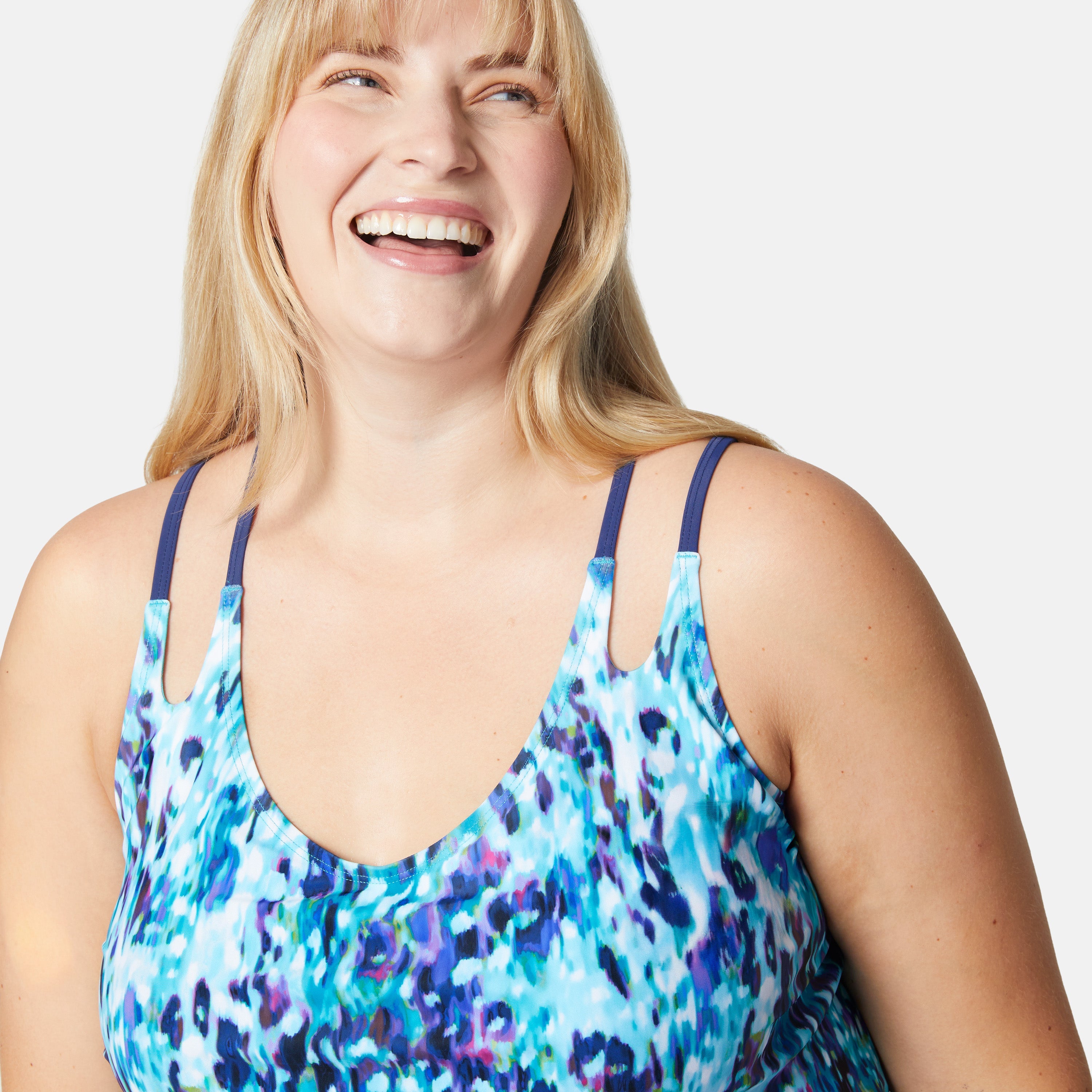 Free Country Women's Plus Size Cascading Skin Double Strap Cut Out Blouson Tankini Top