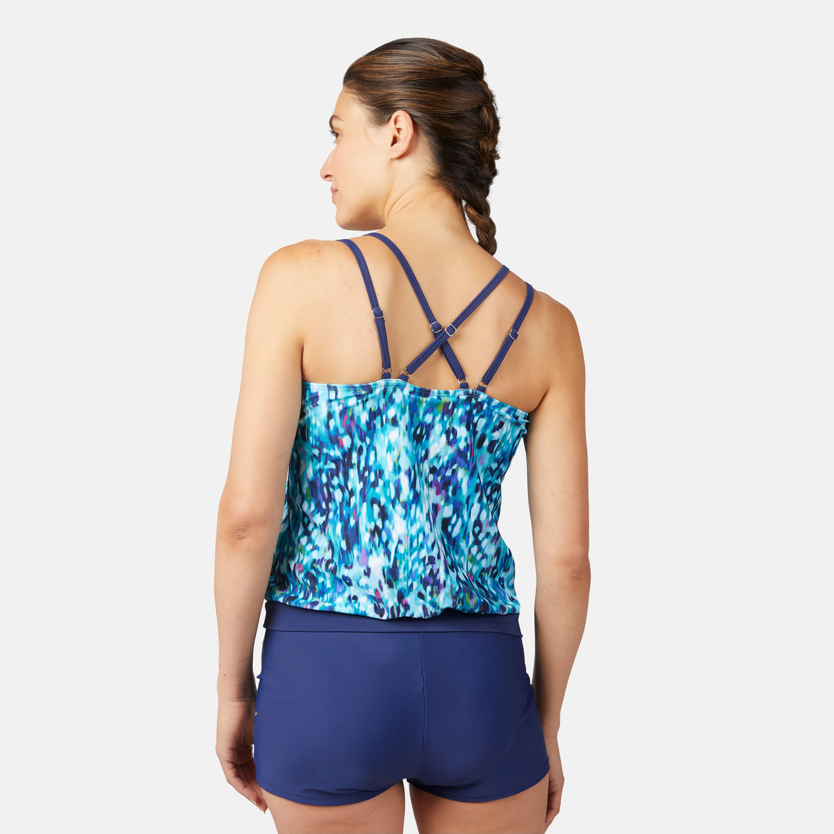 Free Country Women's Cascading Skin Double Strap Cut Out Blouson Tankini Top
