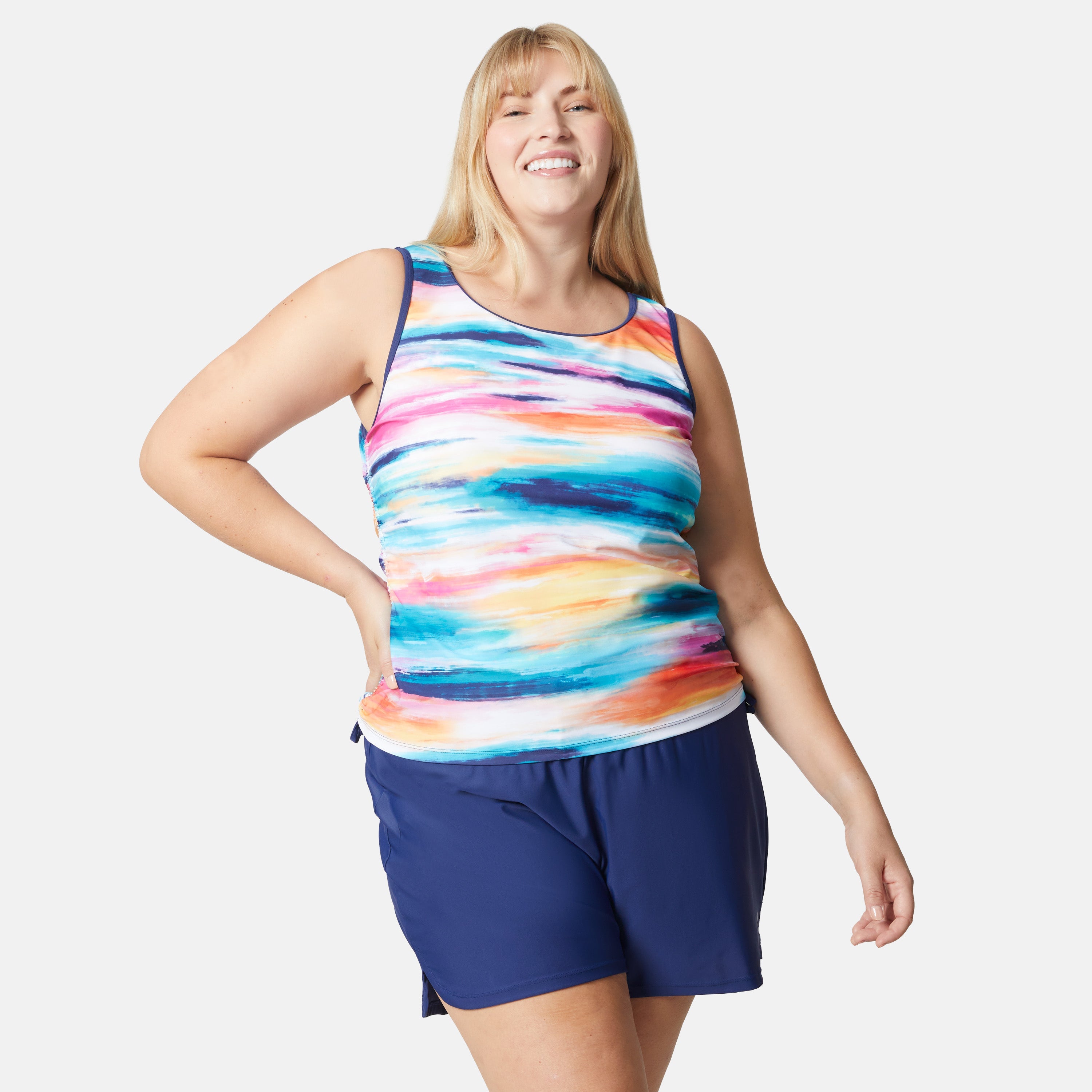 Free Country Women's Plus Size Horizon Full Side Shirring Tankini Top
