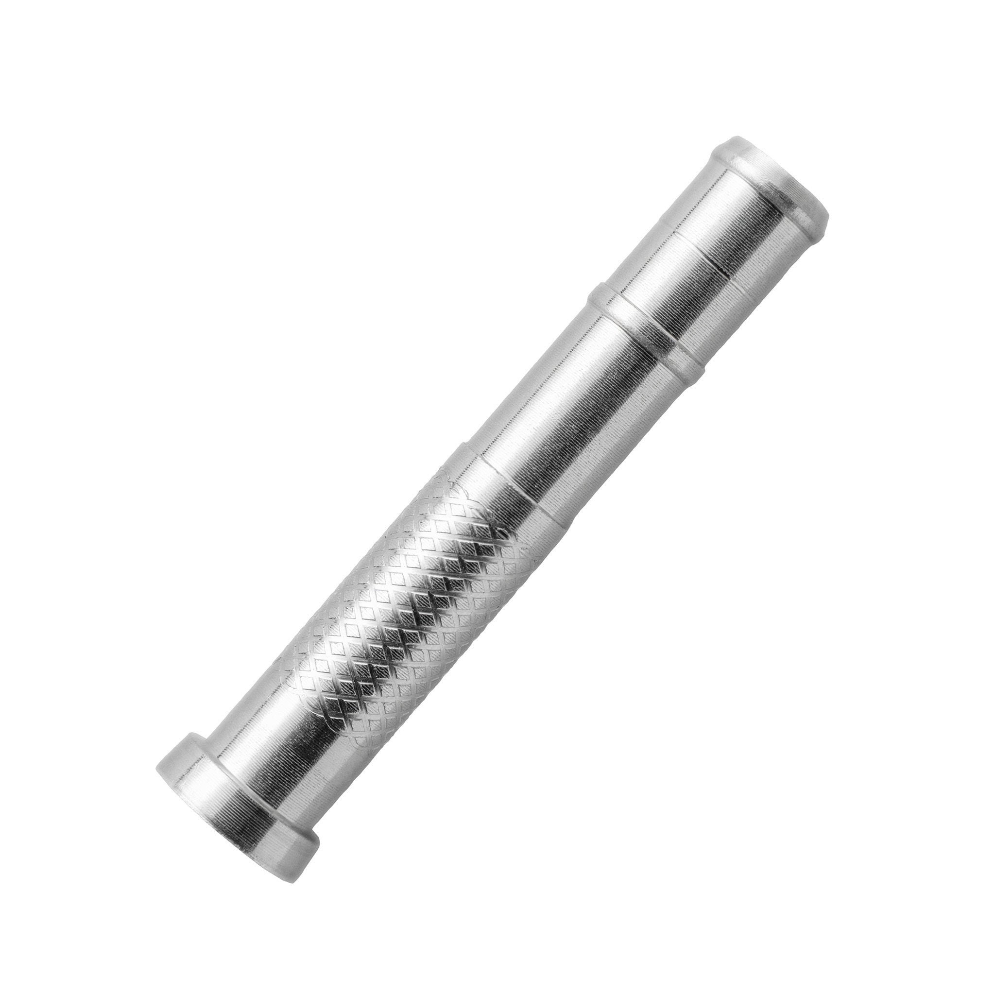 Close-up of a silver-colored arrow insert with a diamond-textured section, narrow grooves and raised rim.