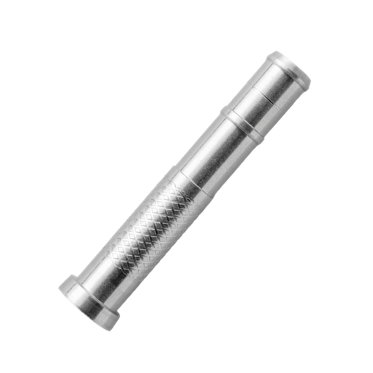 Close-up of a silver-colored arrow insert with a diamond-textured section, narrow grooves and raised rim.