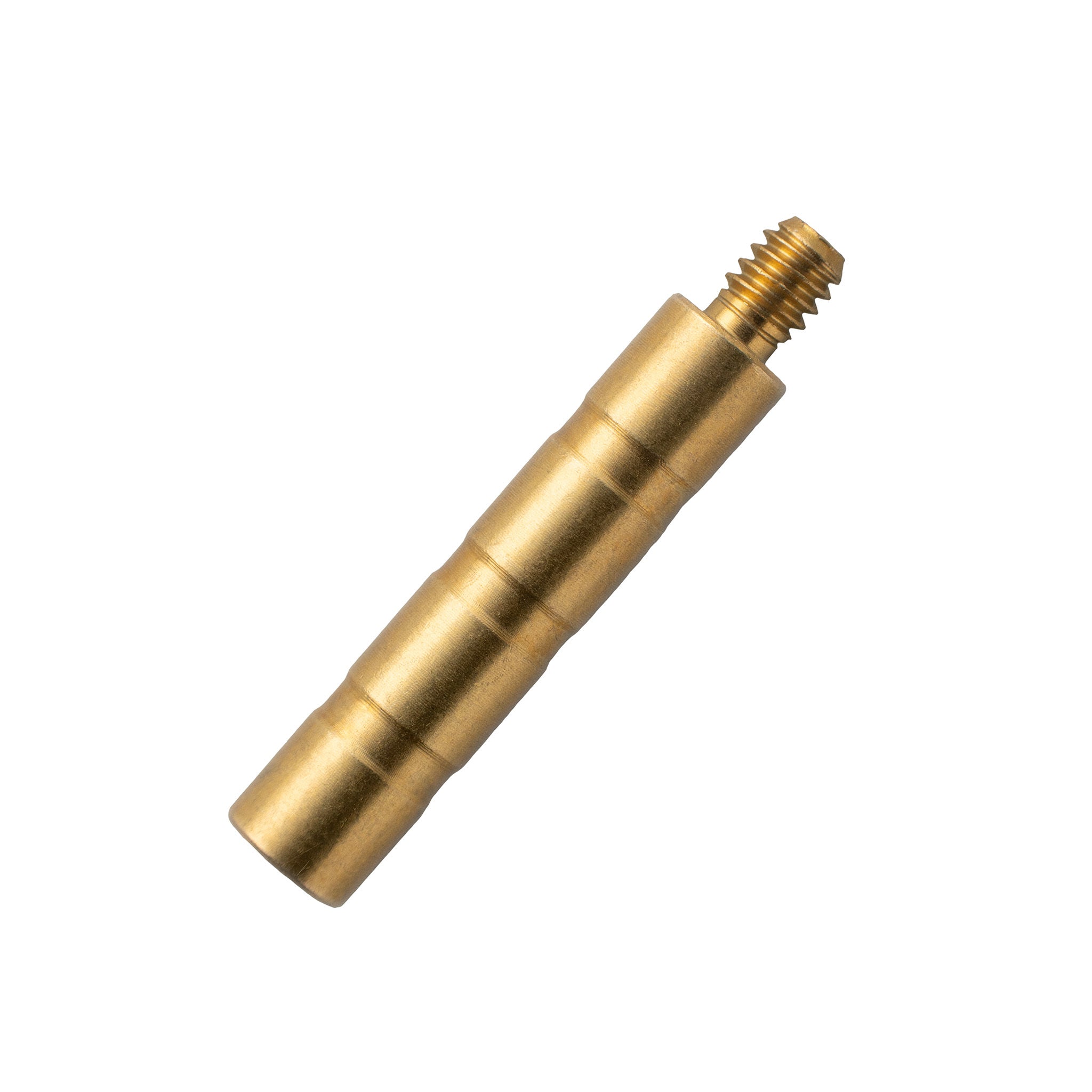 Close-up of a long brass-colored screw-on arrow weight with a threaded end and shallow grooves.