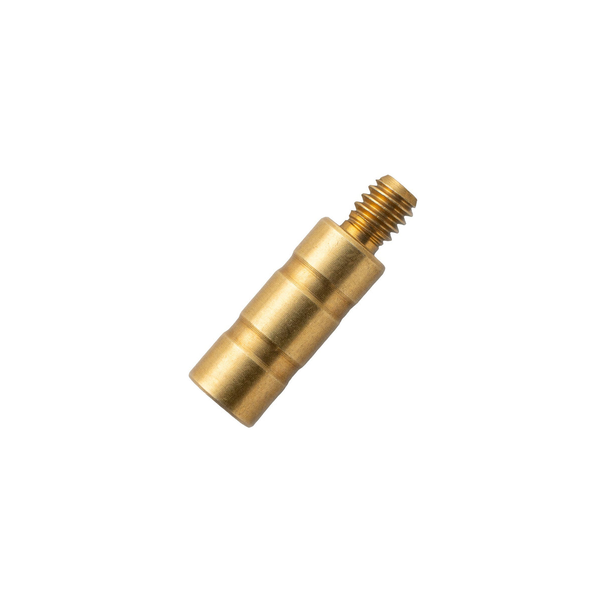 Close-up of a medium-length brass-colored screw-on arrow weight with a threaded end and shallow grooves.