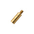 Close-up of a medium-length brass-colored screw-on arrow weight with a threaded end and shallow grooves.