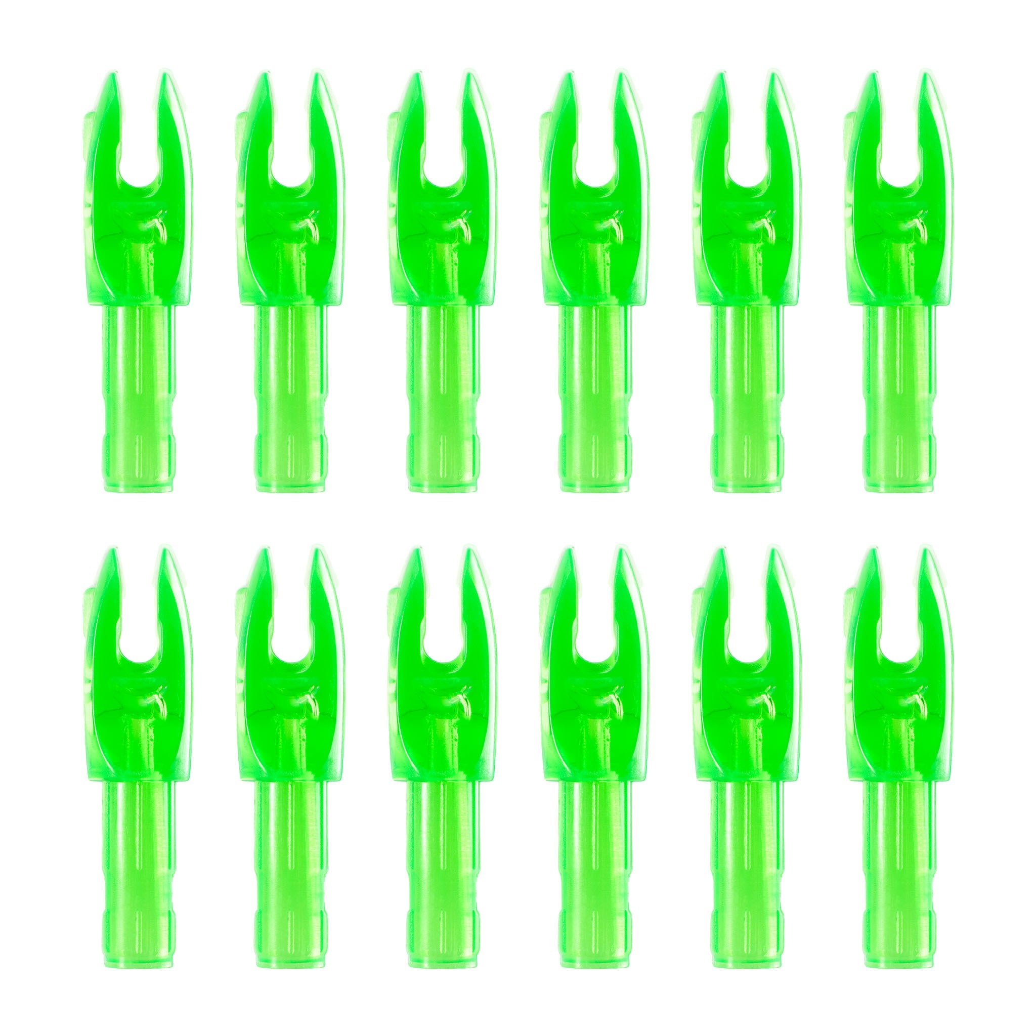 Twelve green arrow nocks arranged in two rows of six.