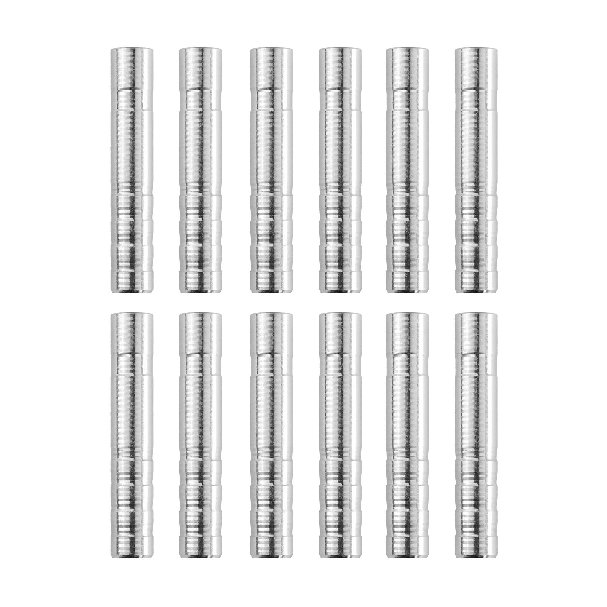 Twelve silver-colored cylindrical arrow components arranged in two rows of six.