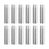 Twelve silver-colored cylindrical arrow components with shallow grooves, arranged in two rows of six.