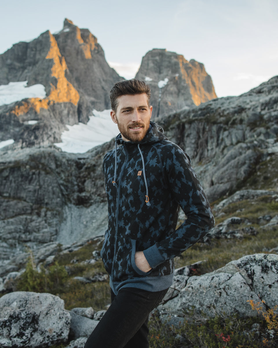 Tentree Oberon Zip Hoodie - Dark Ocean Blue_Meteorite Black Leaves Aop