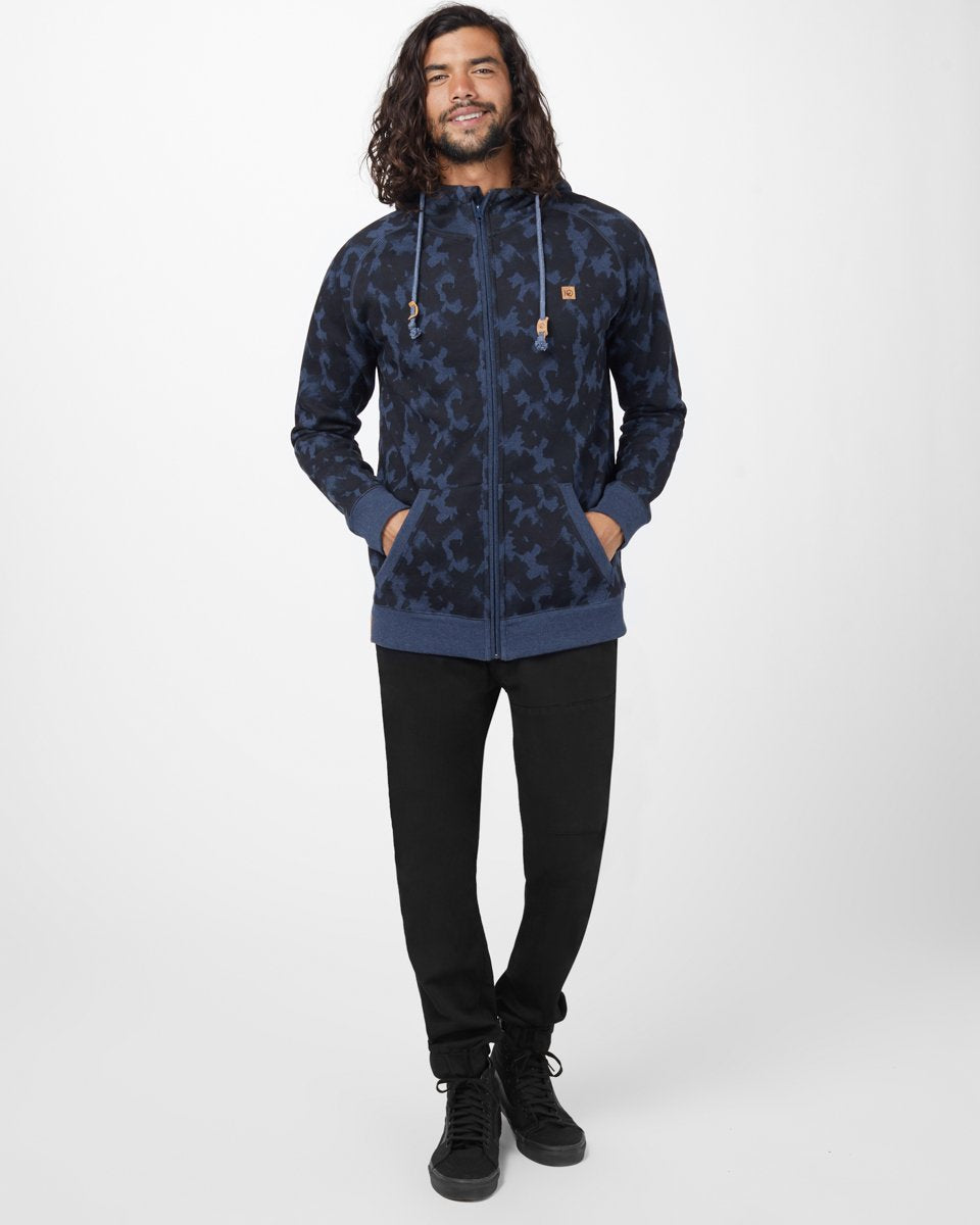 Tentree Oberon Zip Hoodie - Dark Ocean Blue_Meteorite Black Leaves Aop