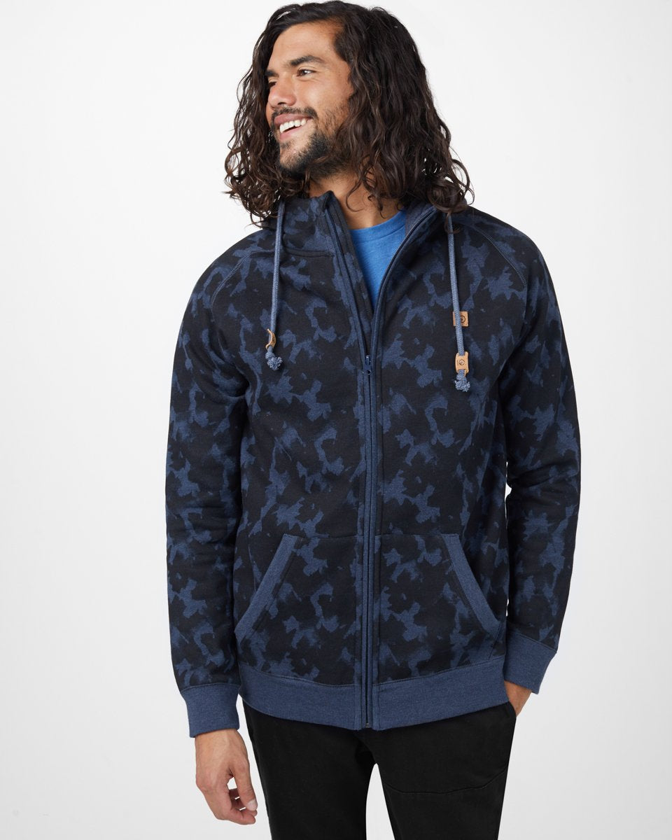 Tentree Oberon Zip Hoodie - Dark Ocean Blue_Meteorite Black Leaves Aop