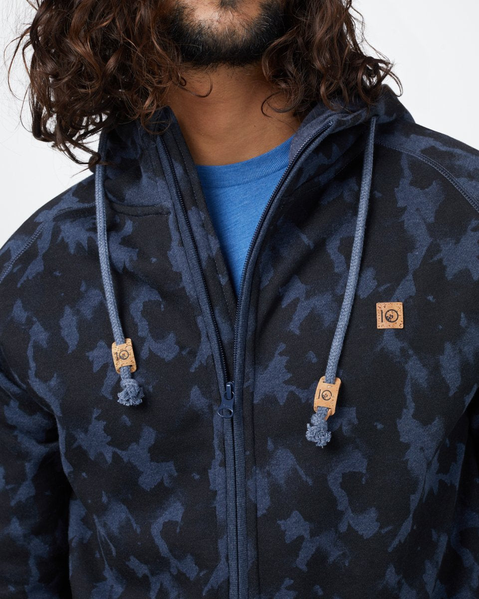 Tentree Oberon Zip Hoodie - Dark Ocean Blue_Meteorite Black Leaves Aop