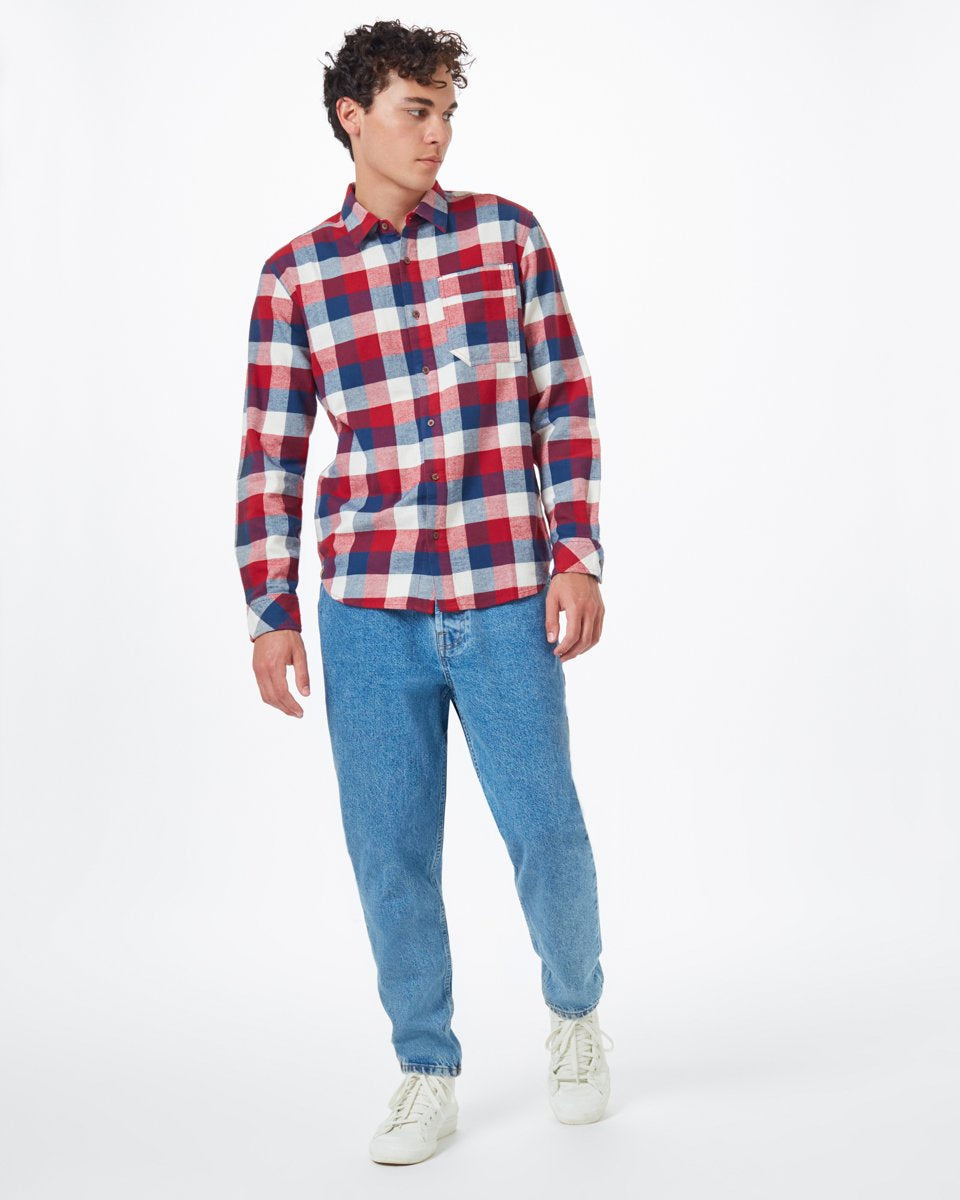 Tentree Benson Flannel Shirt - Dark Ocean Blue Campfire Plaid
