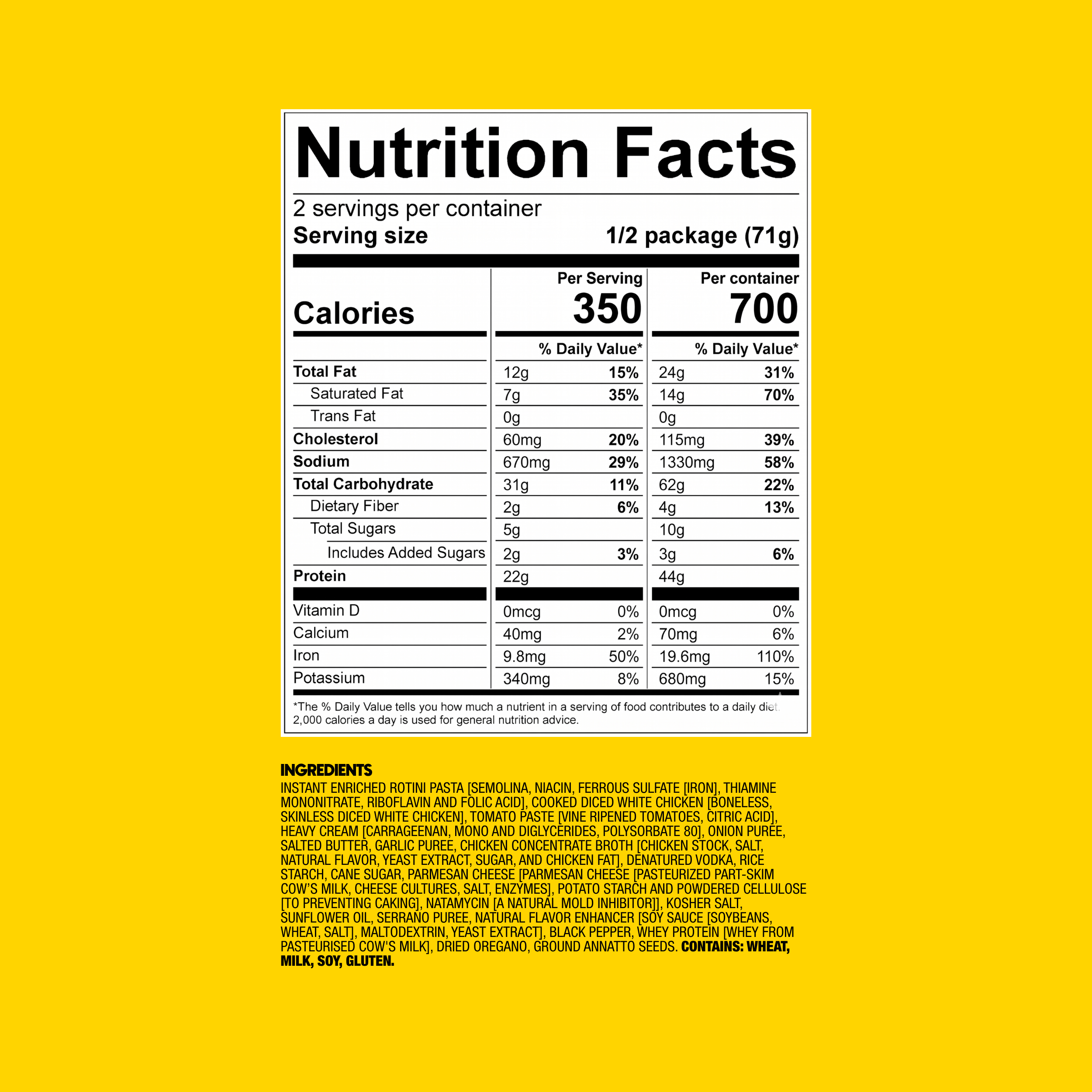 BIGHORN Chicken alla Vodka Pasta nutrition and ingredients label
