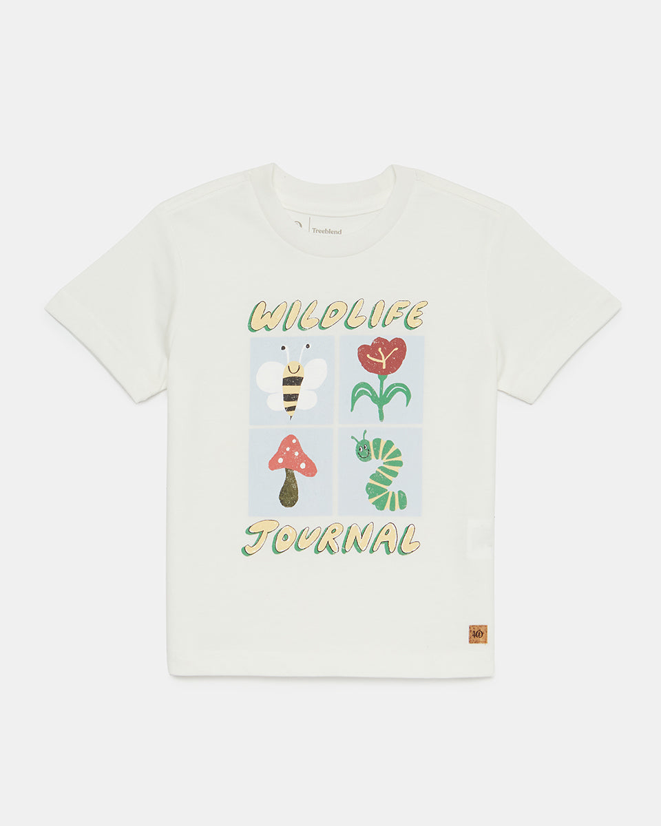 Tentree Kids Wildlife Journal T-Shirt - Cloud White Heather Fairway