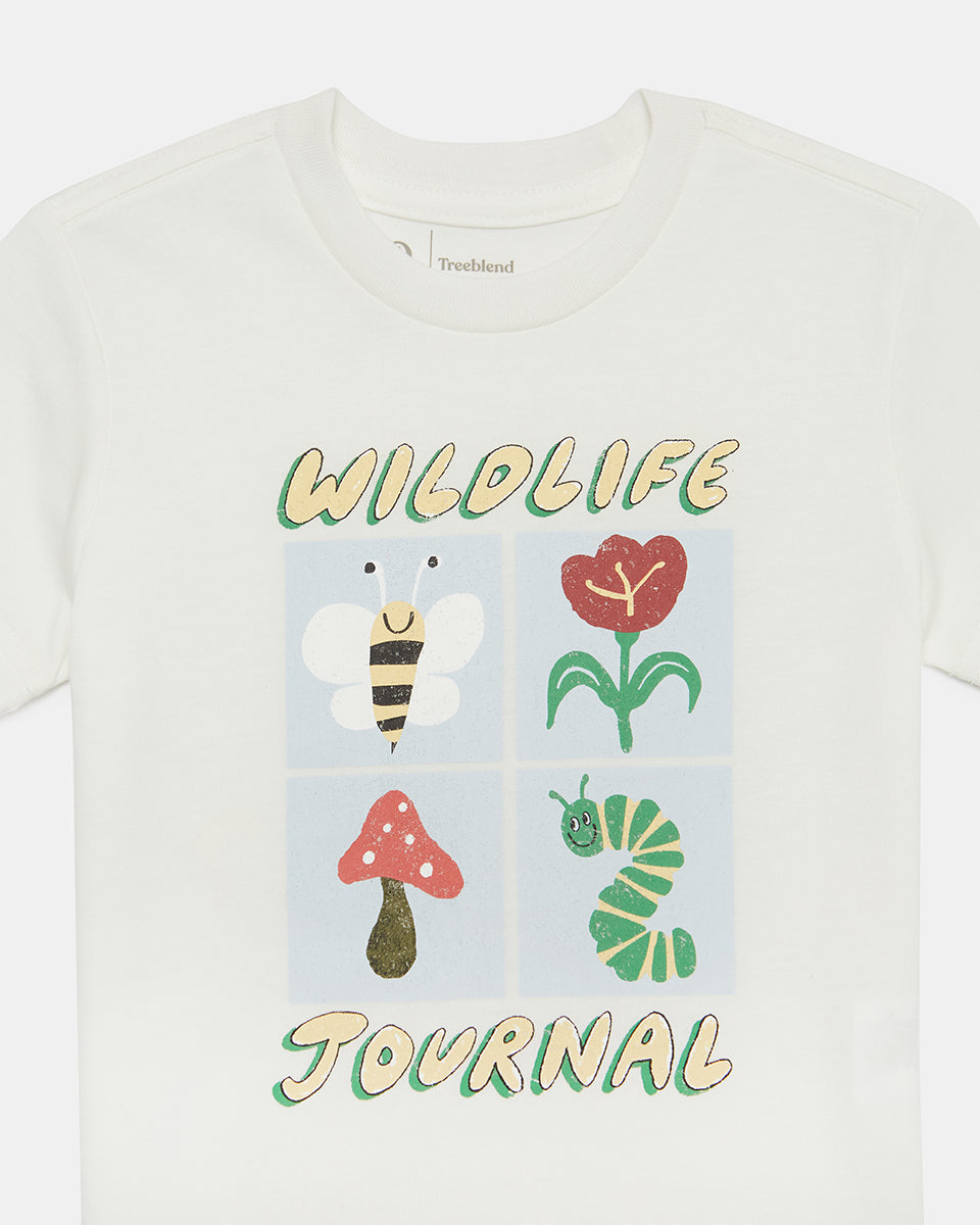Tentree Kids Wildlife Journal T-Shirt - Cloud White Heather Fairway