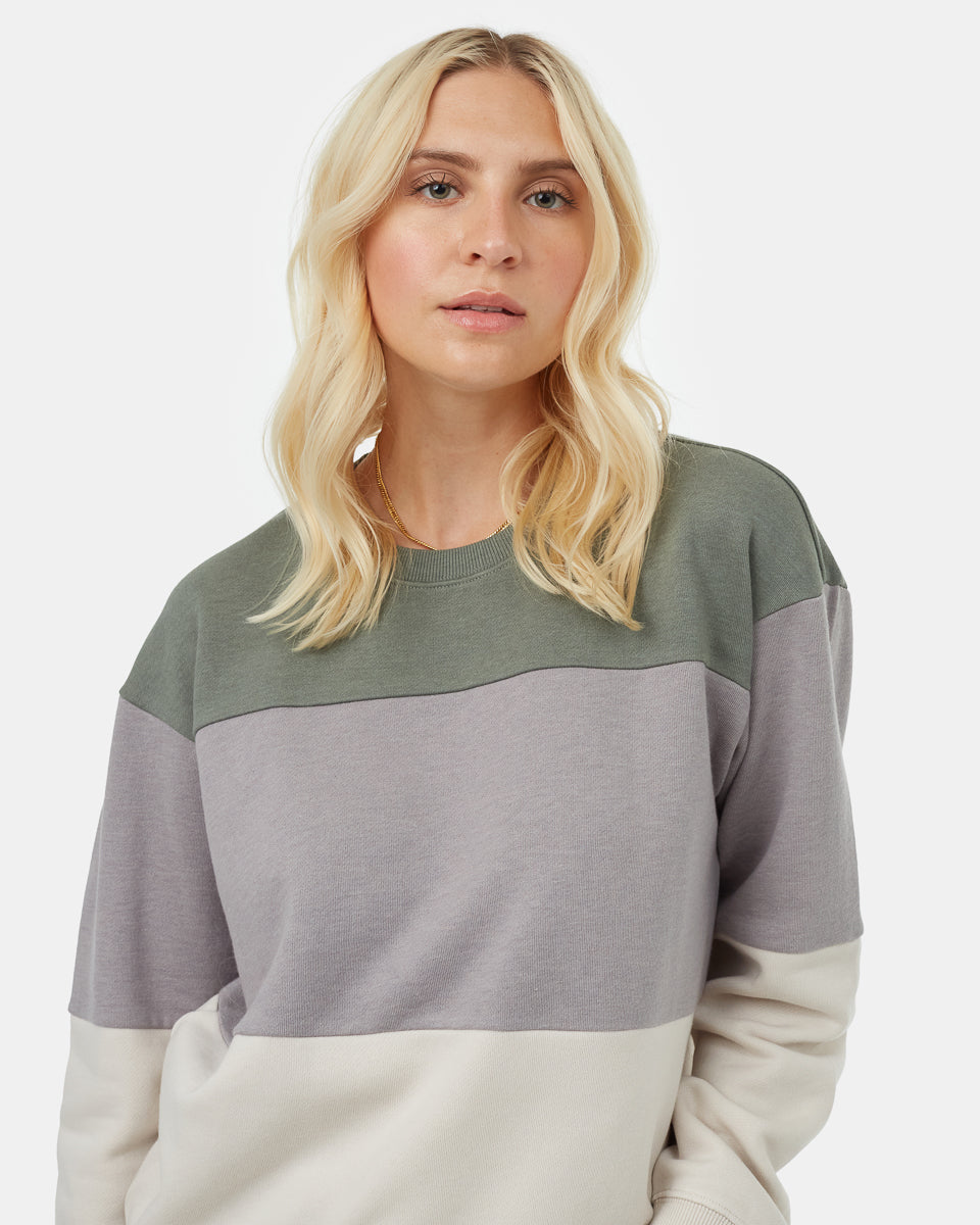 Tentree Women's Treefleece Blocked Crew - Agave Green Zinc Silver Cloud Grey
